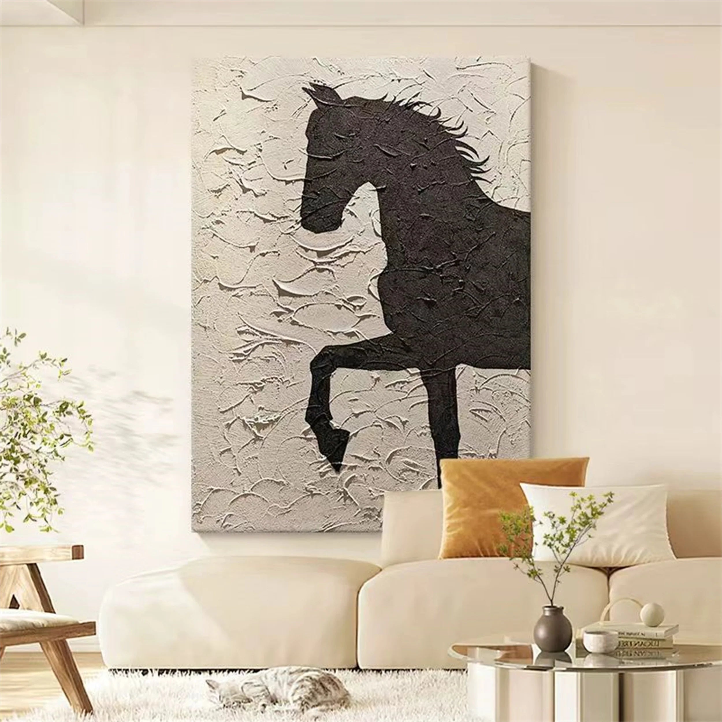 Beige And Black Horse Abstract Animal Wall Art #AM040