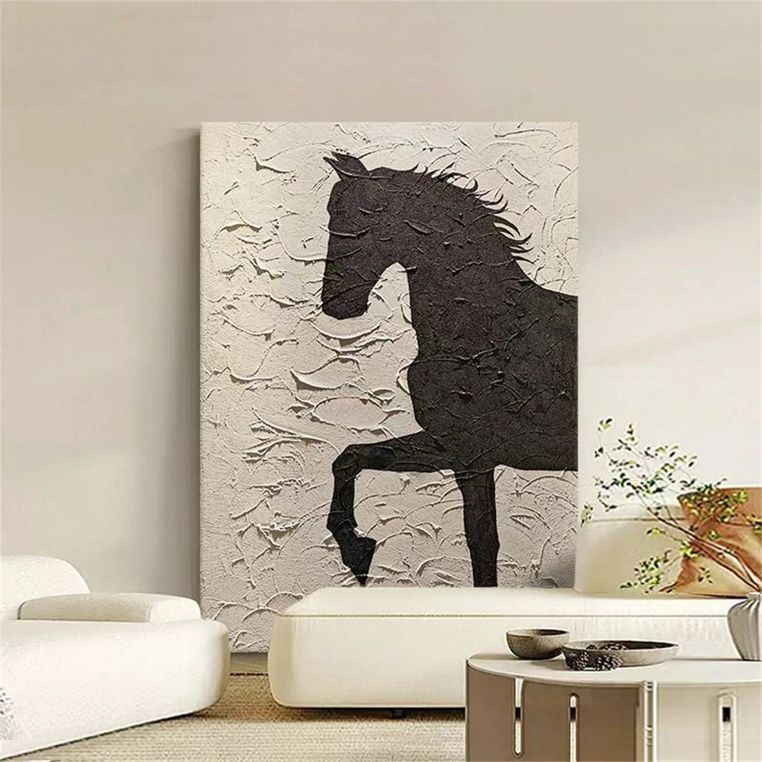 Beige And Black Horse Abstract Animal Wall Art #AM040