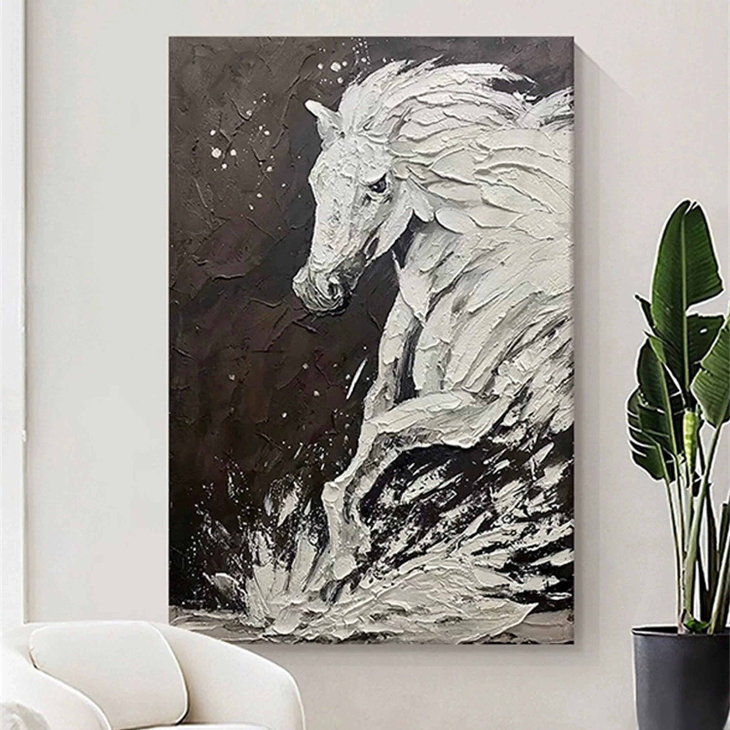 White And Black Horse Abstract Animal Wall Art #AM041