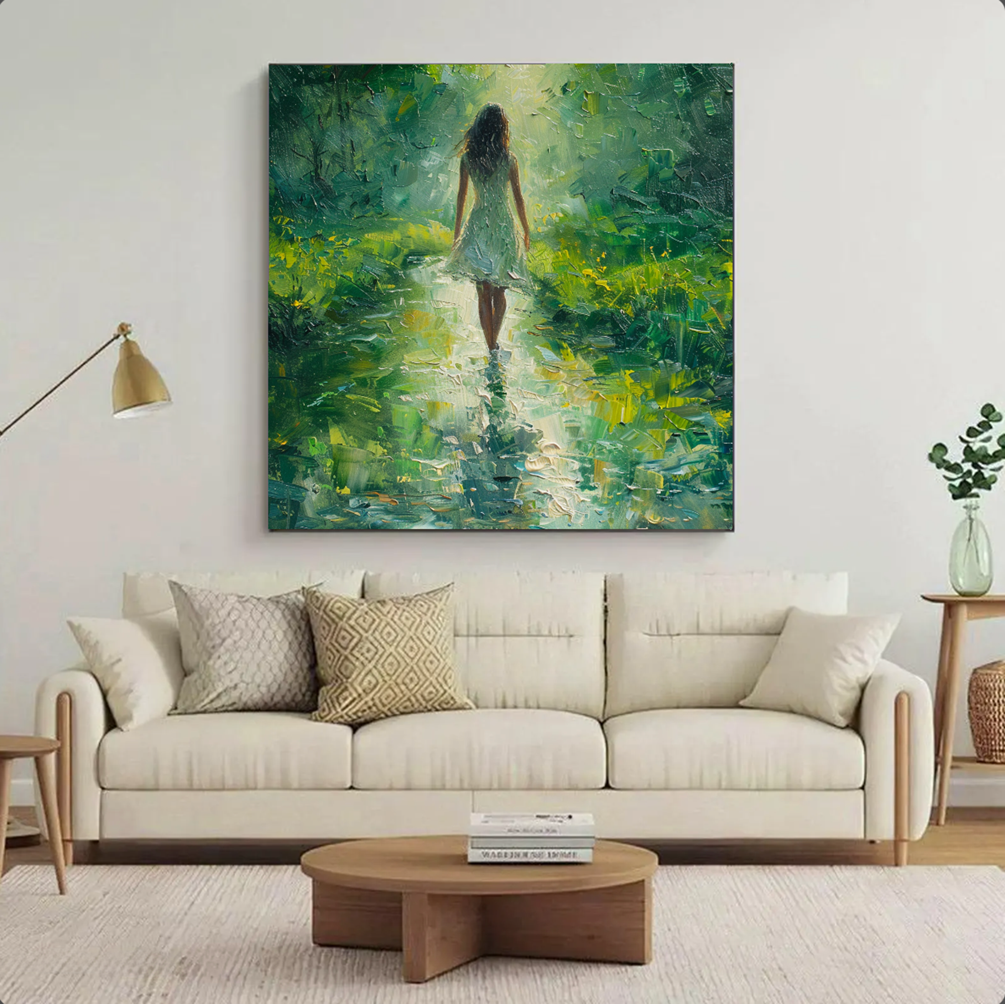 Impressionist Woman in Sunlit Forest Path Hand-Painted Oil Painting #FT346