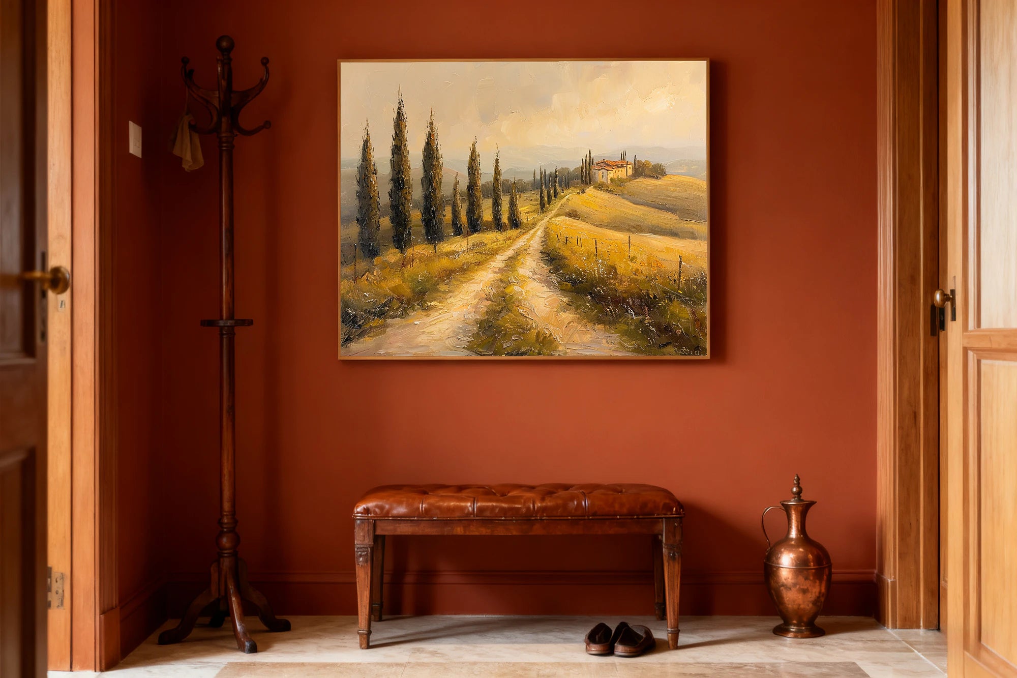 Tuscany Countryside Oil Painting, Neutral Landscape Wall Art #FT587