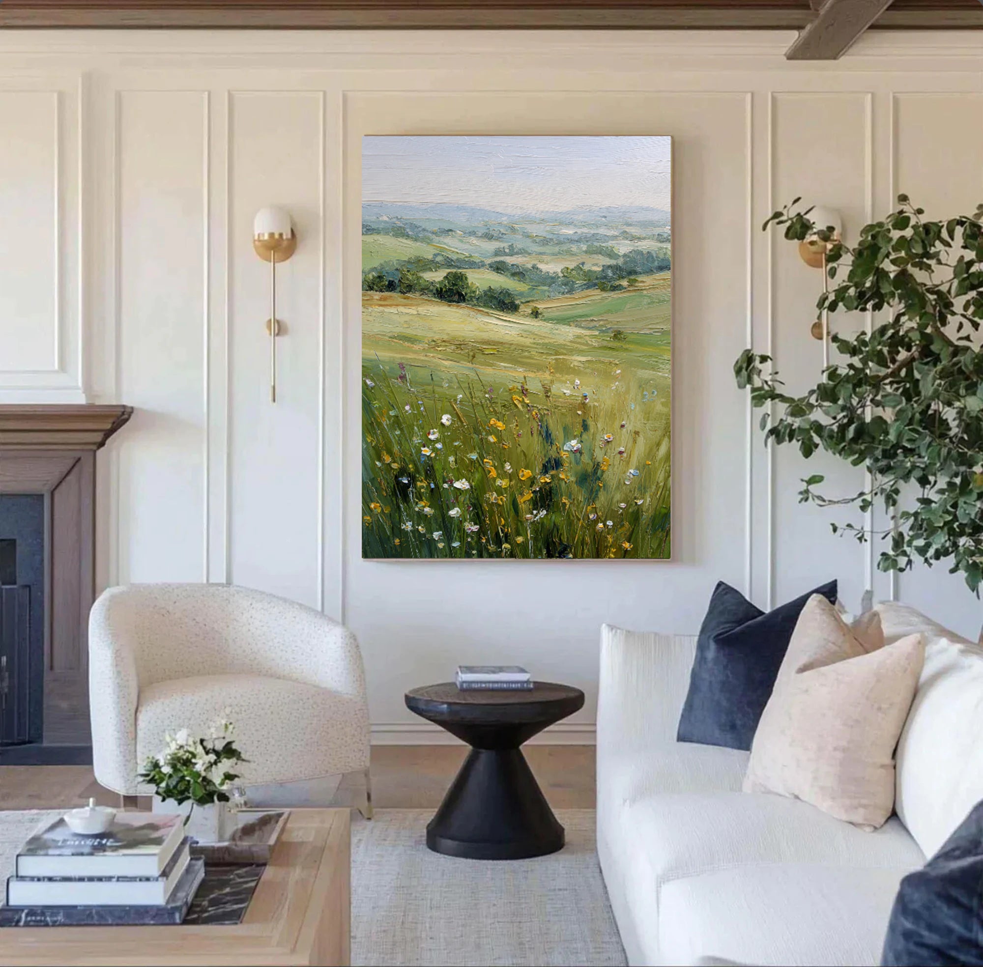 Hand-Painted Green Meadow Landscape Oil Painting #FT620