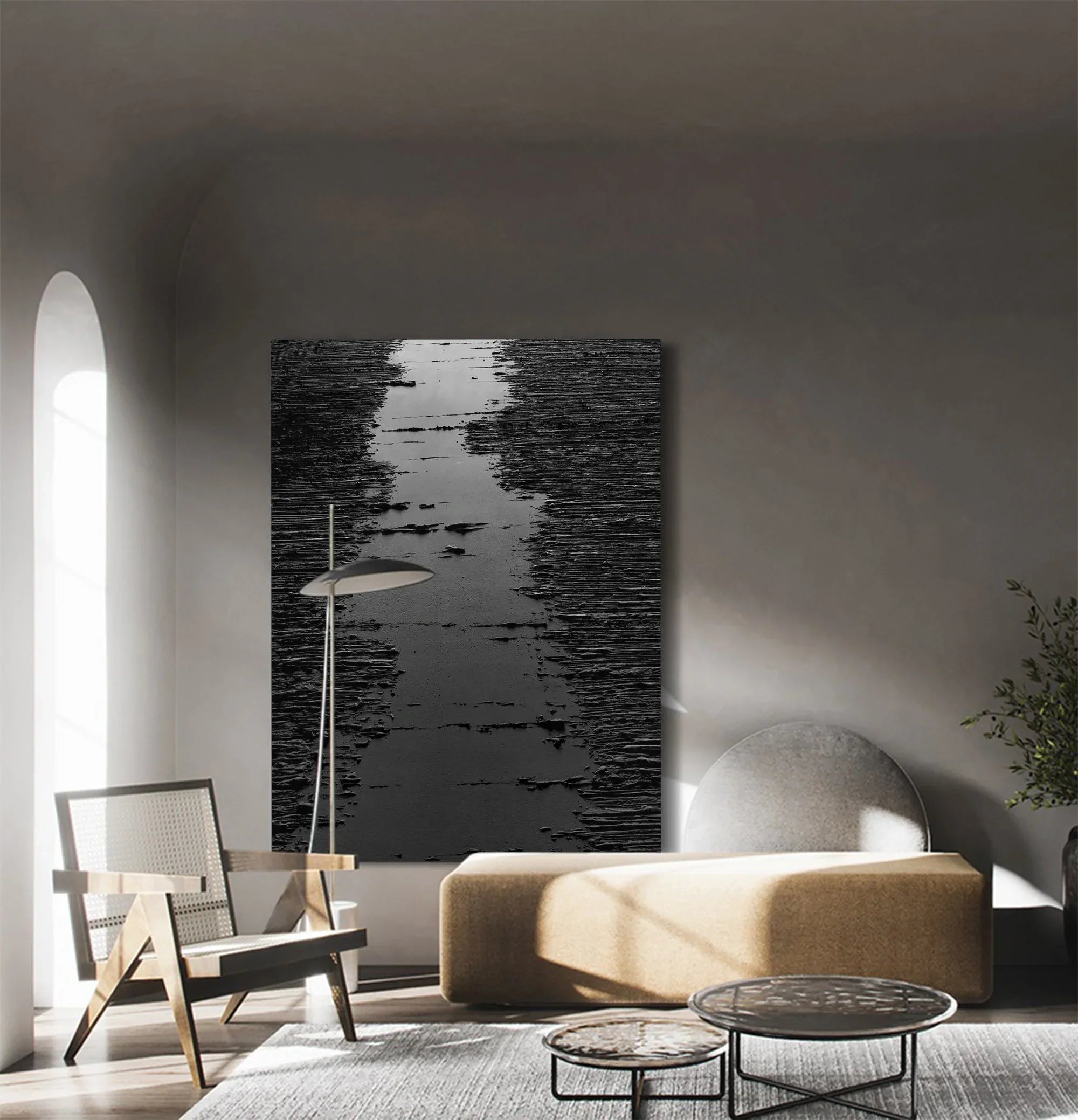Black 3D Textured Minimalist River Canvas Wall Artwork Decor for Room