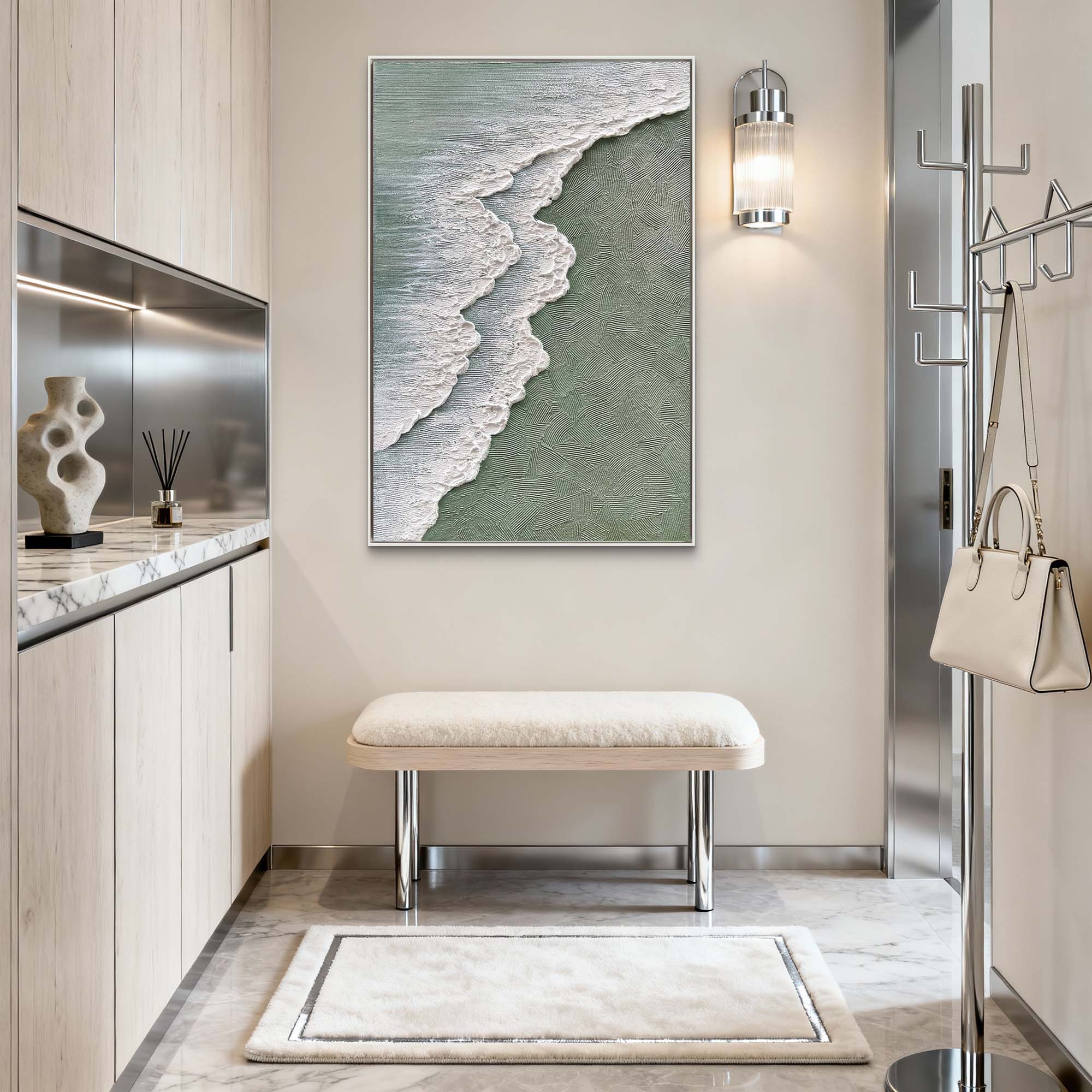 Hand-Painted Sage Green Ocean Wave Textured Canvas Wall Art #MD144