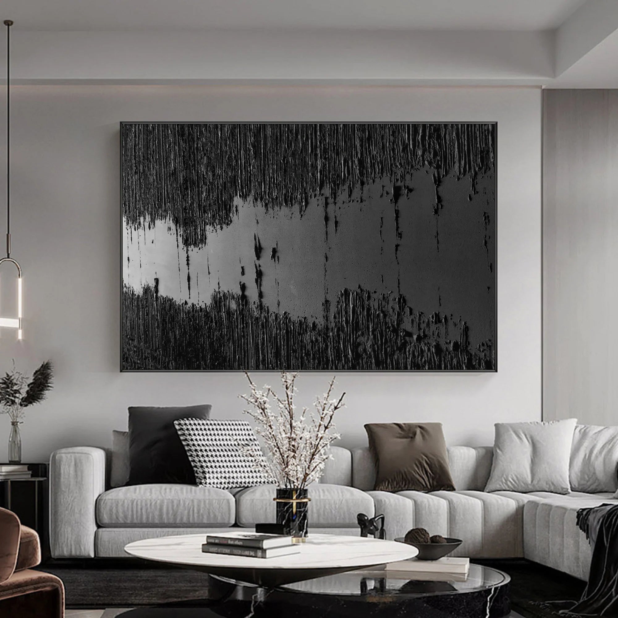 Black 3D Textured River Minimalist Painting on Canvas for Wall Decro