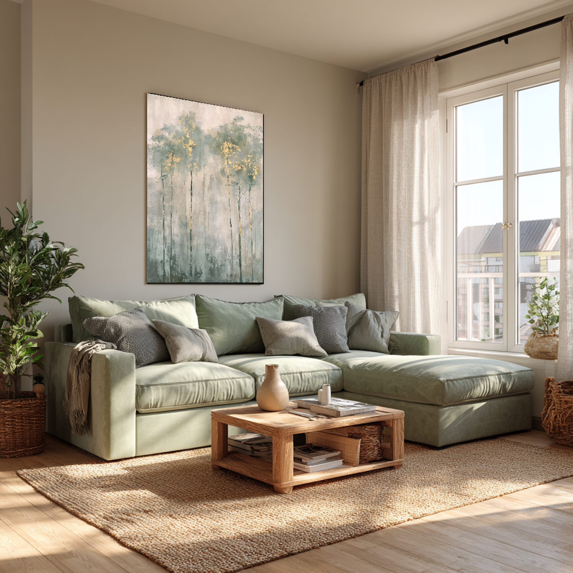 Misty Sage Green Forest Oil Painting with Gold Leaf Accents #FT208