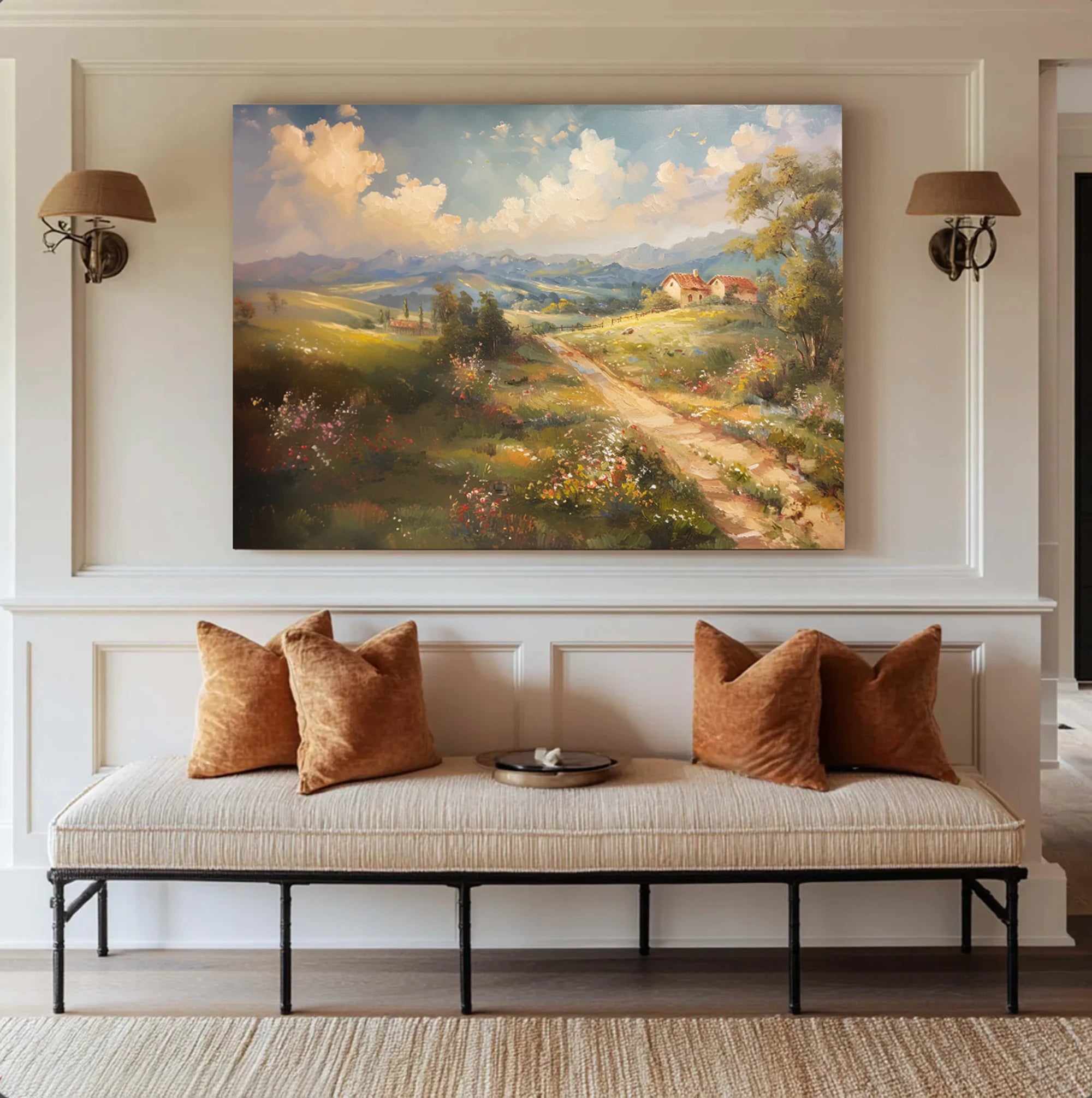 Vintage Tuscan Countryside Oil Painting, Soft Landscape Wall Art #FT597
