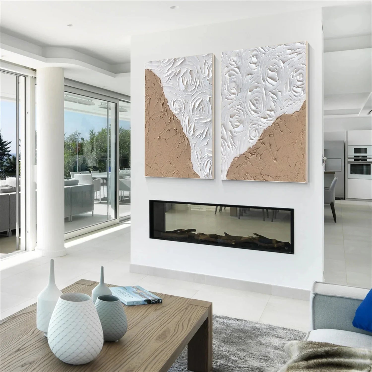 White and Brown Minimalist Textured Art Set of 2 #MD236