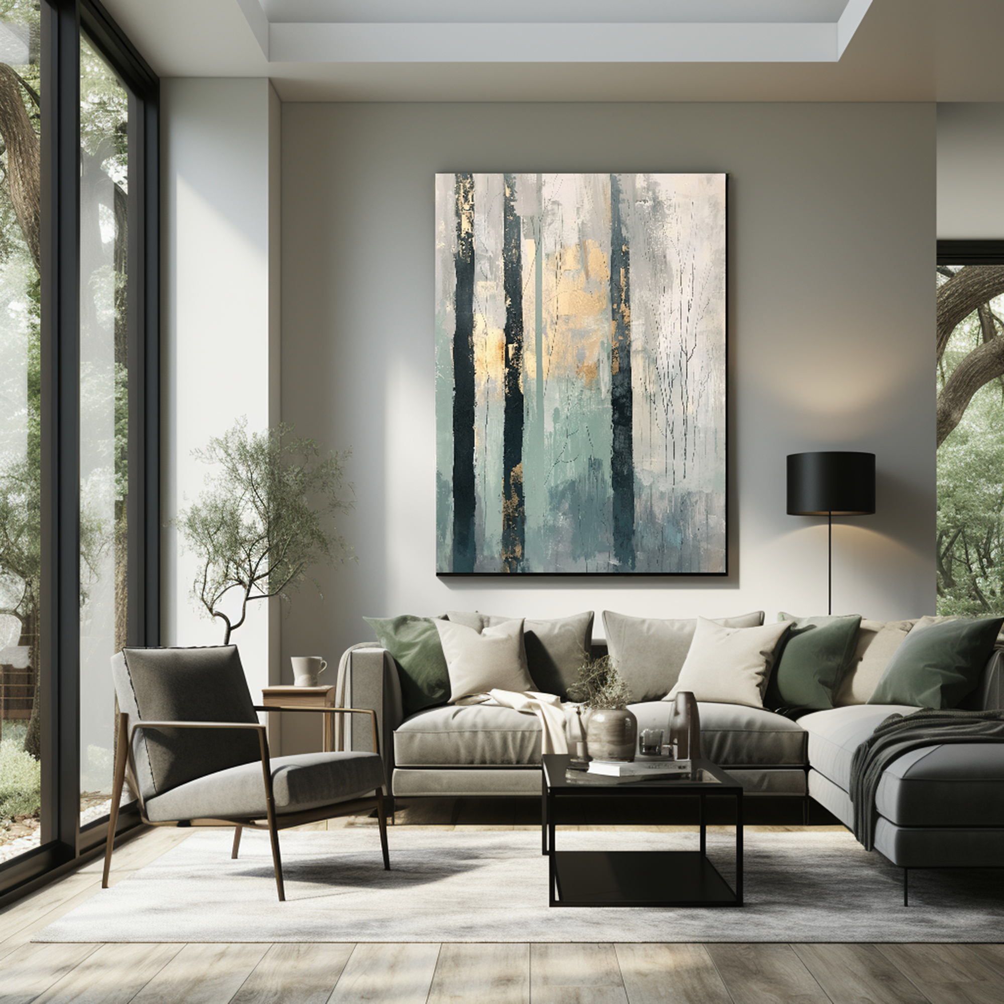 Abstract Birch Forest with Gold Leaf Textured Oil Painting #FT213