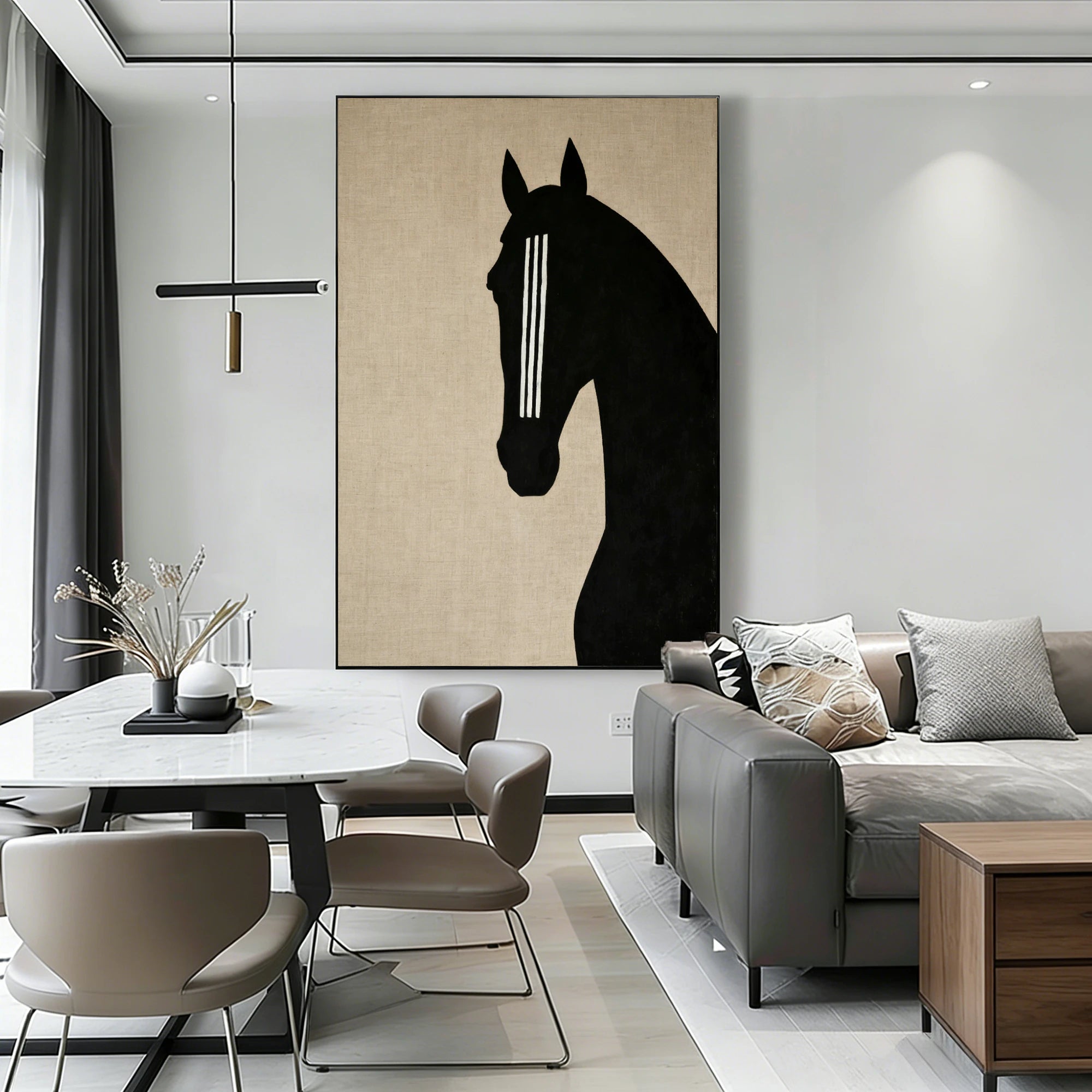Minimalist Horse Head Hand-Painted Oil Painting | Wabi-Sabi Linen Texture Wall Art #WA511
