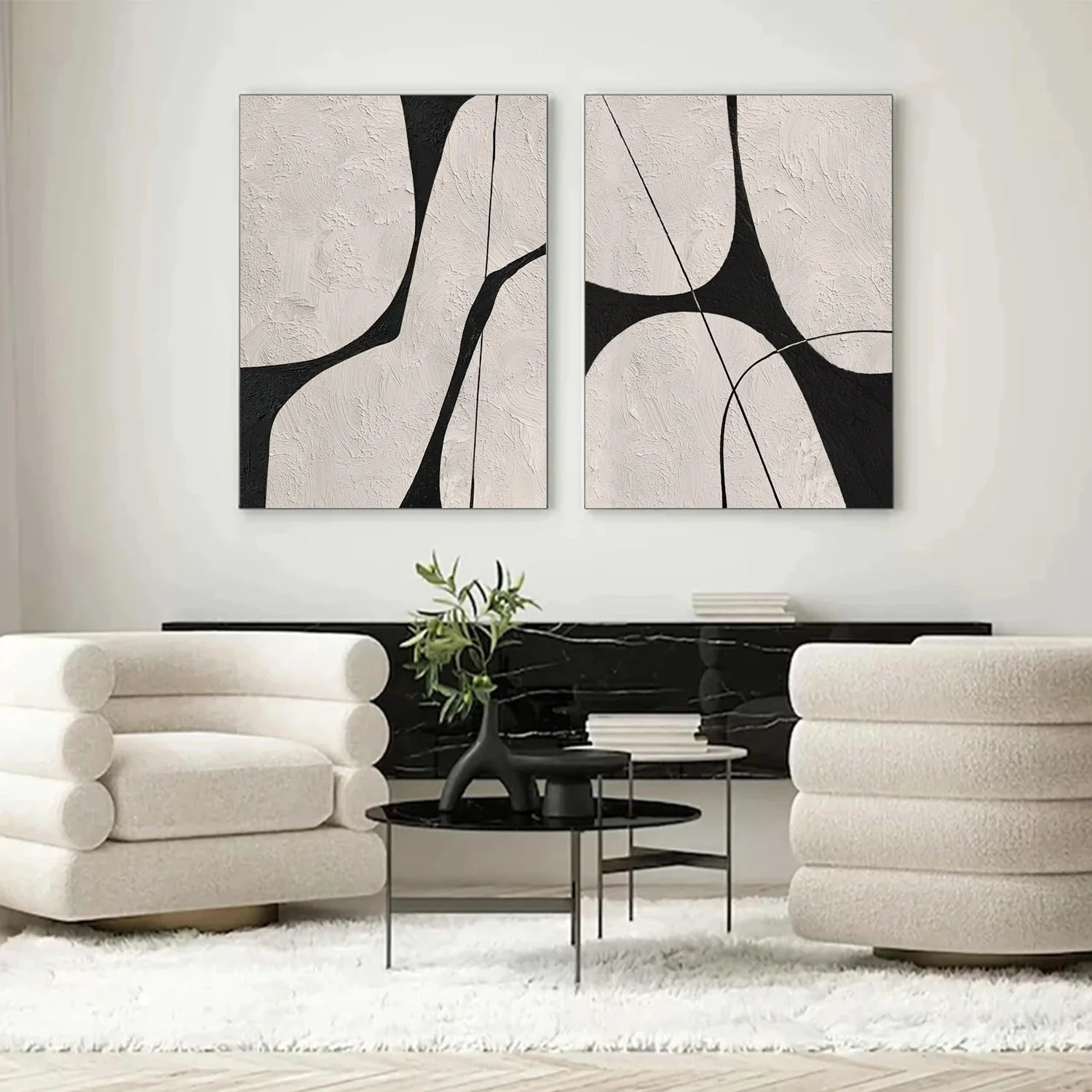 Beige & Black Abstract_Textured Canvas Art Set of 2 #WA779
