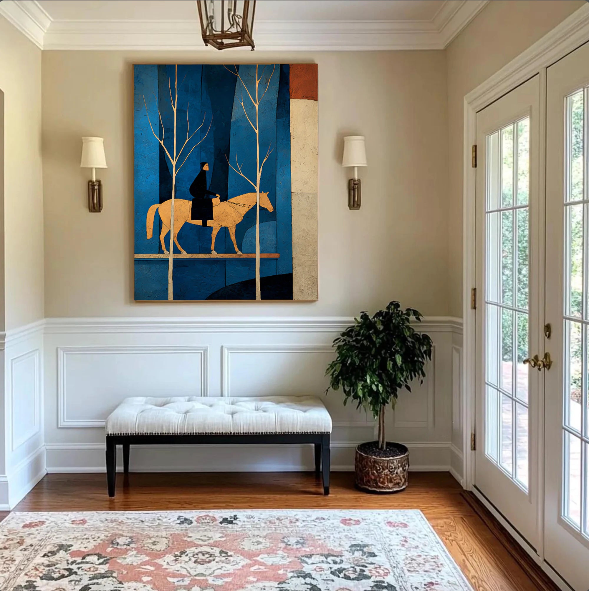 Modern Blue Forest Equestrian Oil Painting #WA521
