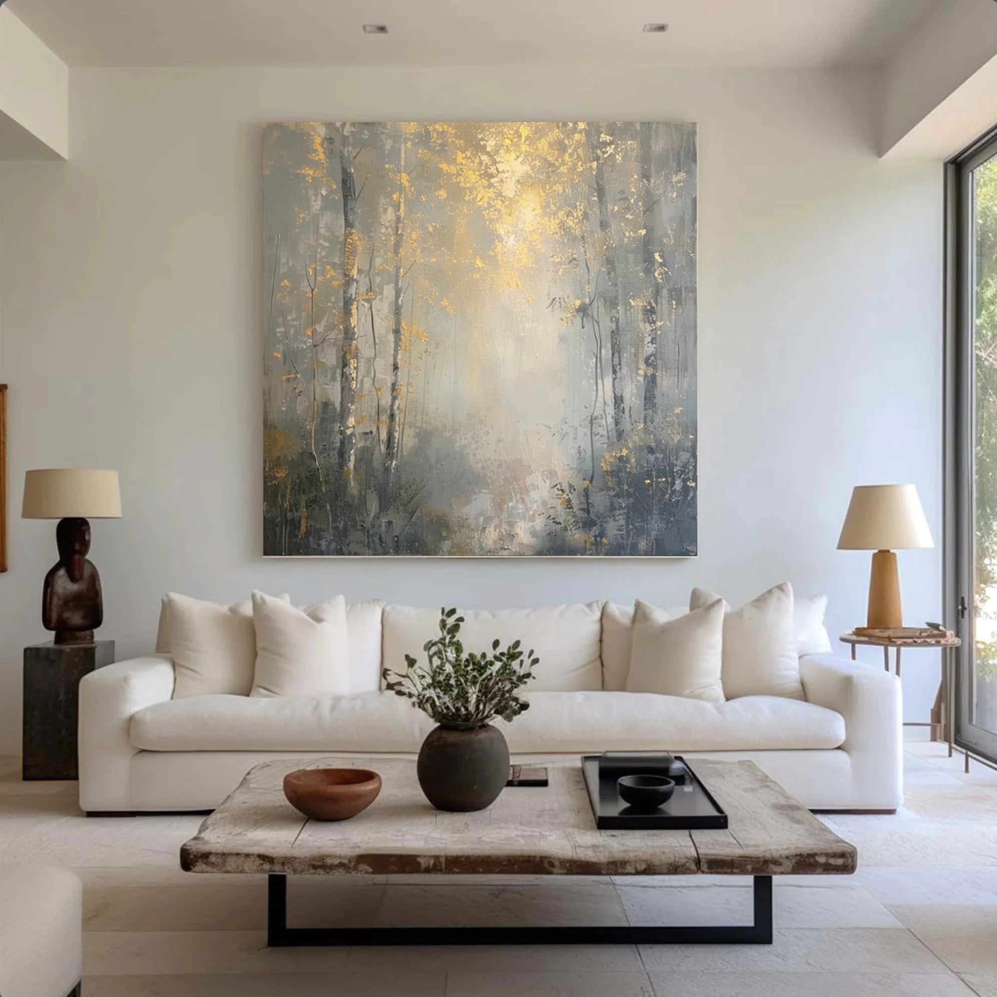 Hand-Painted Gold Grey Forest Oil Painting, Abstract Tree Wall Art #FT520