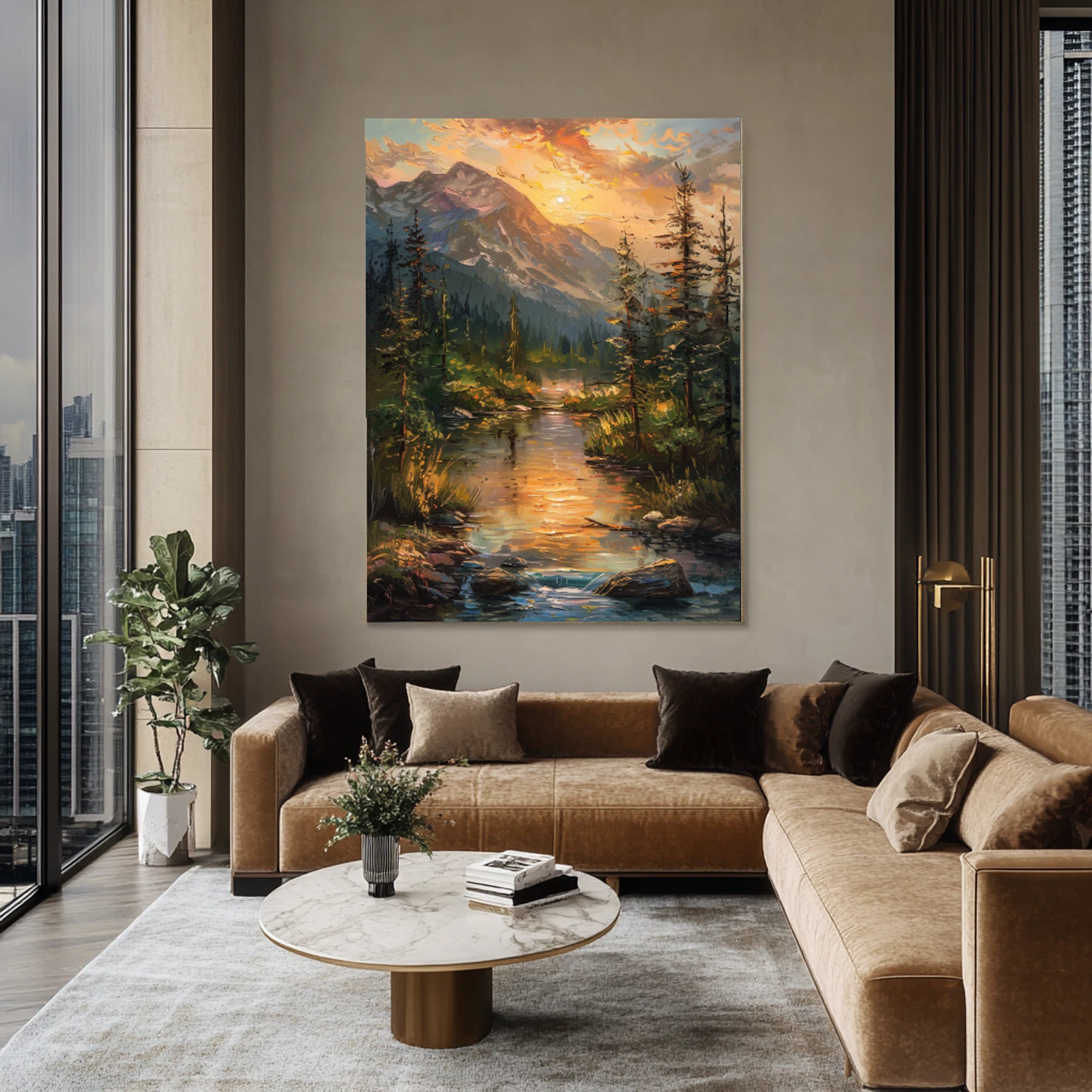 Mountain Sunset River Landscape Oil Painting #FJ668
