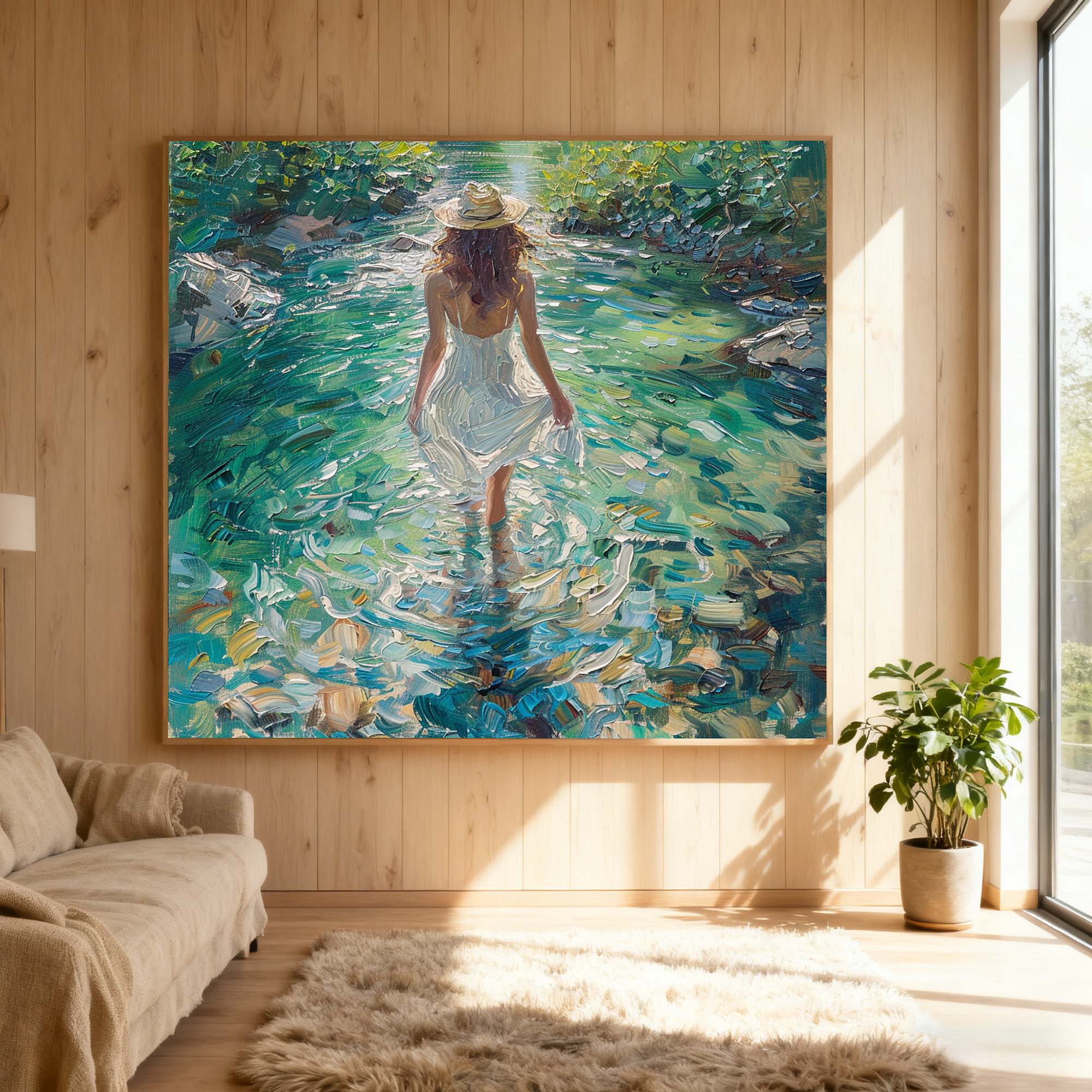 Impressionist Woman in Stream Hand Painted Oil Painting #FT345
