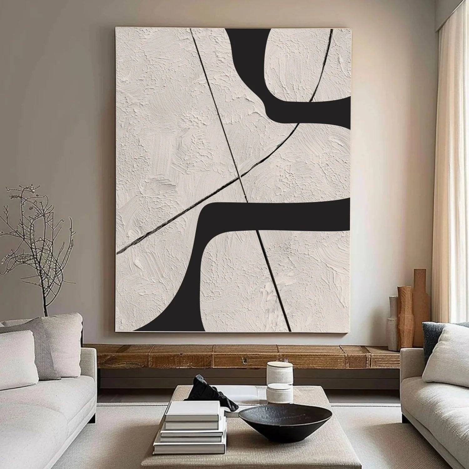Beige & Black Abstract Textured Canvas Art #WA784