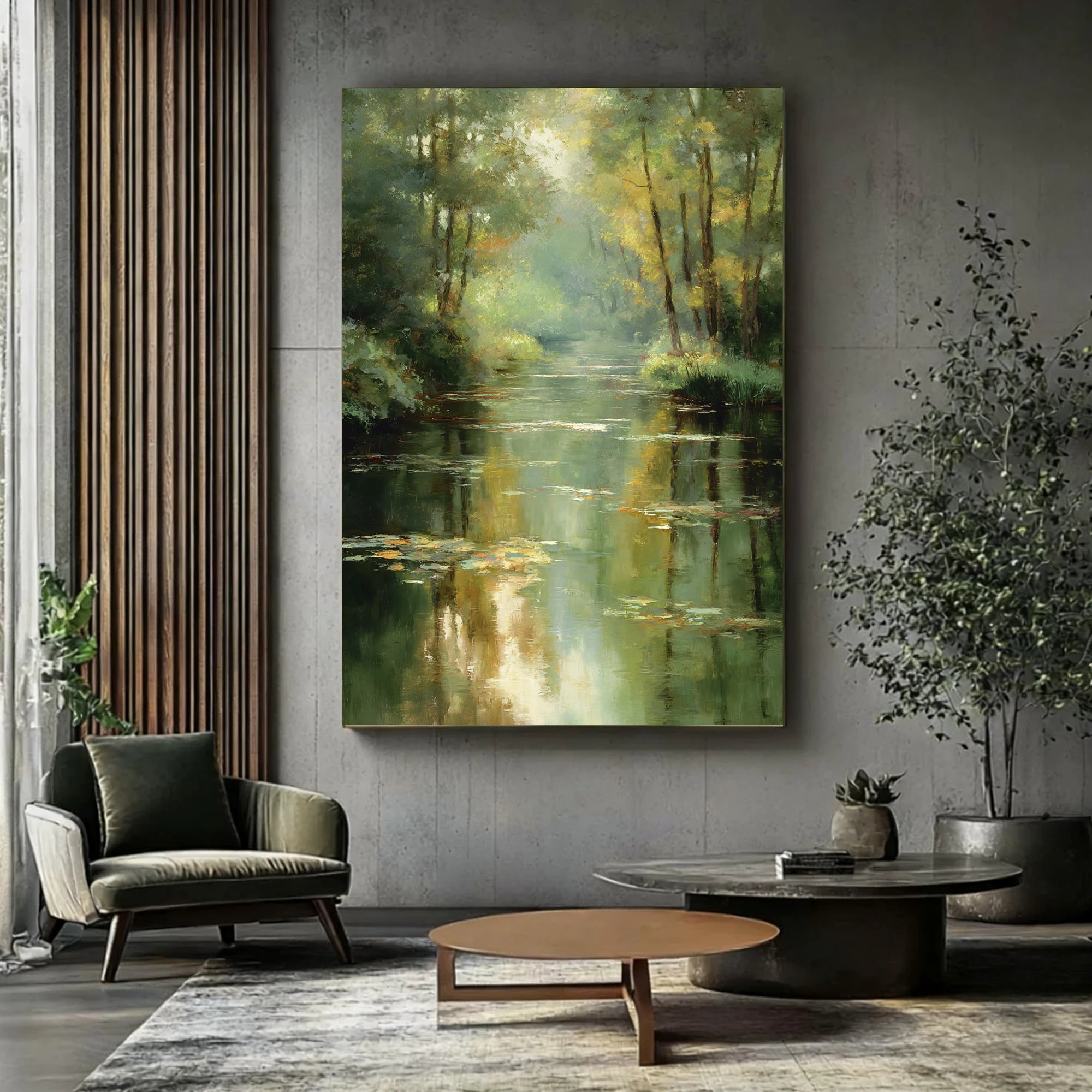 Hand-Painted Forest River Landscape Oil Painting with Water Lilies #FJ667
