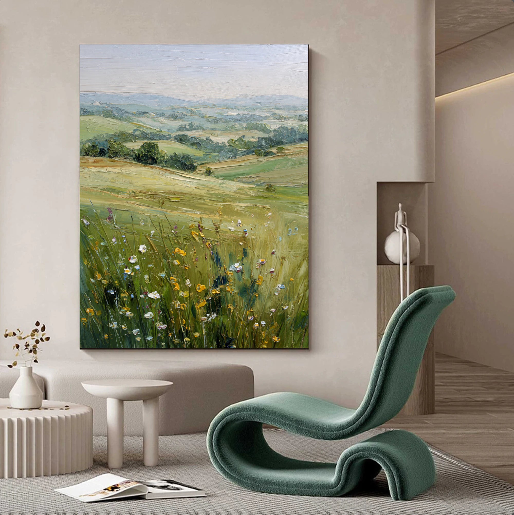 Hand-Painted Green Meadow Landscape Oil Painting #FT620