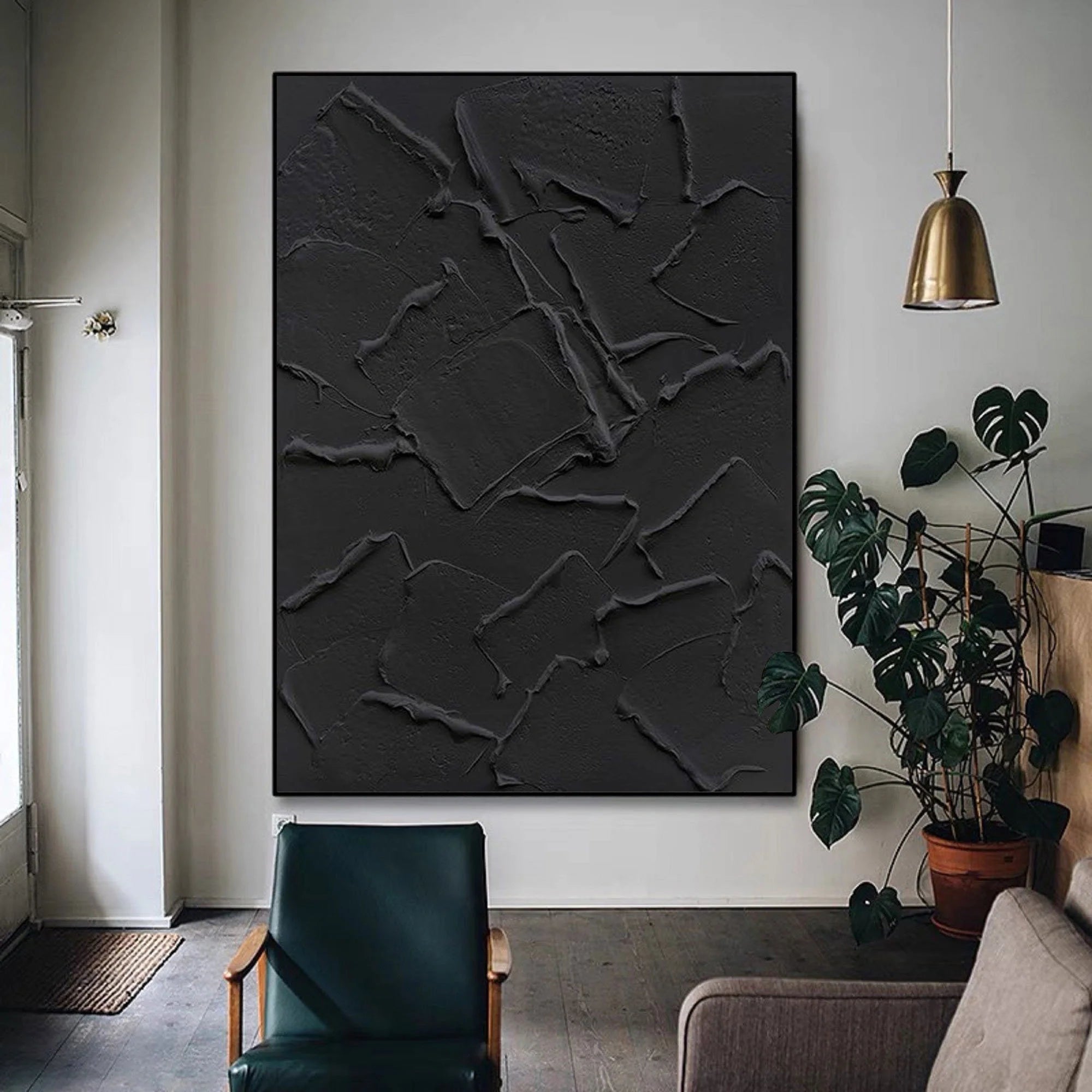 Black Textured Plaster Art Ocean Wave Minimalist Painting on Canvas