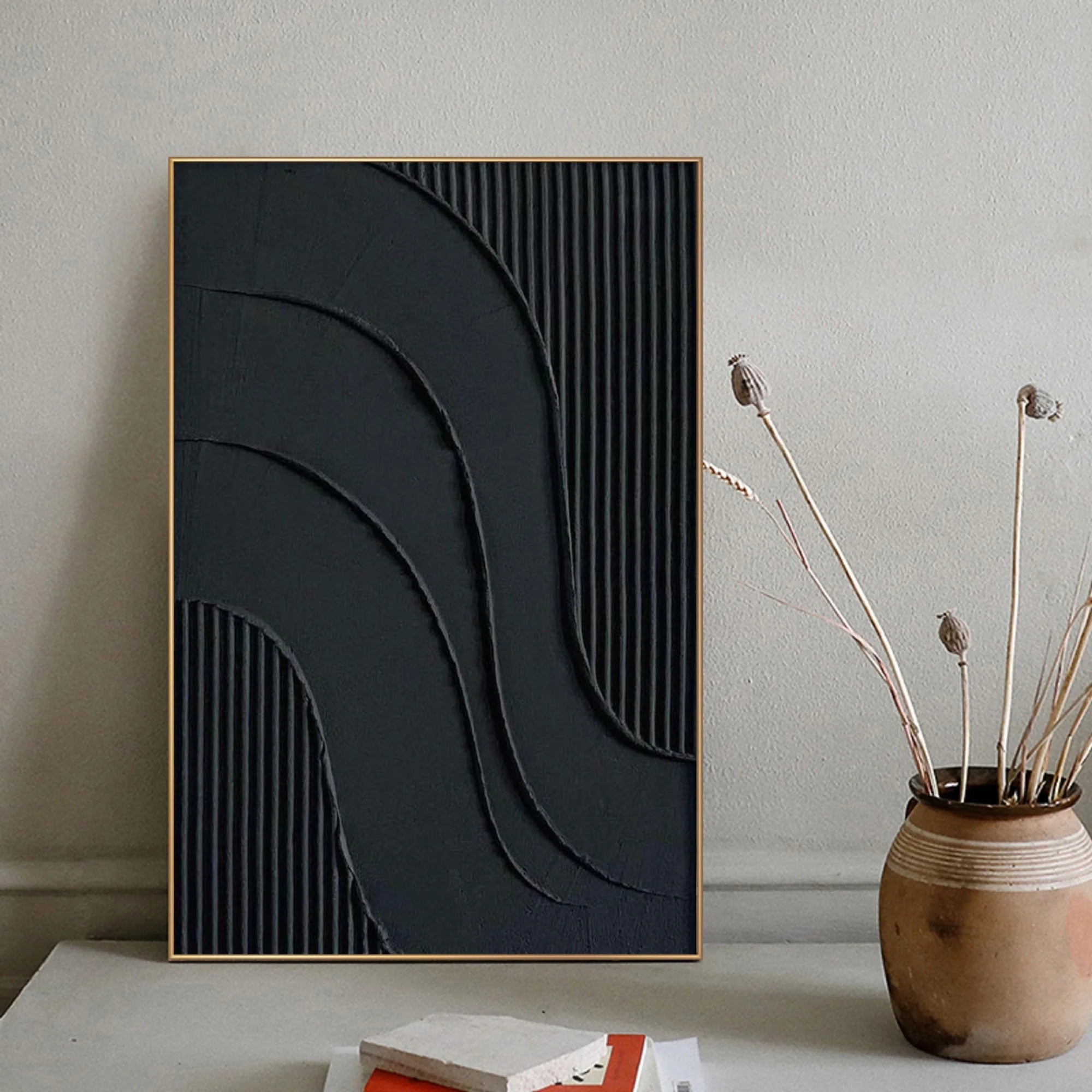 Black 3D Textured Minimalist Original Handcrafted Painting On Canvas Large Abstract Wall Art Luxury Modern Home Decor