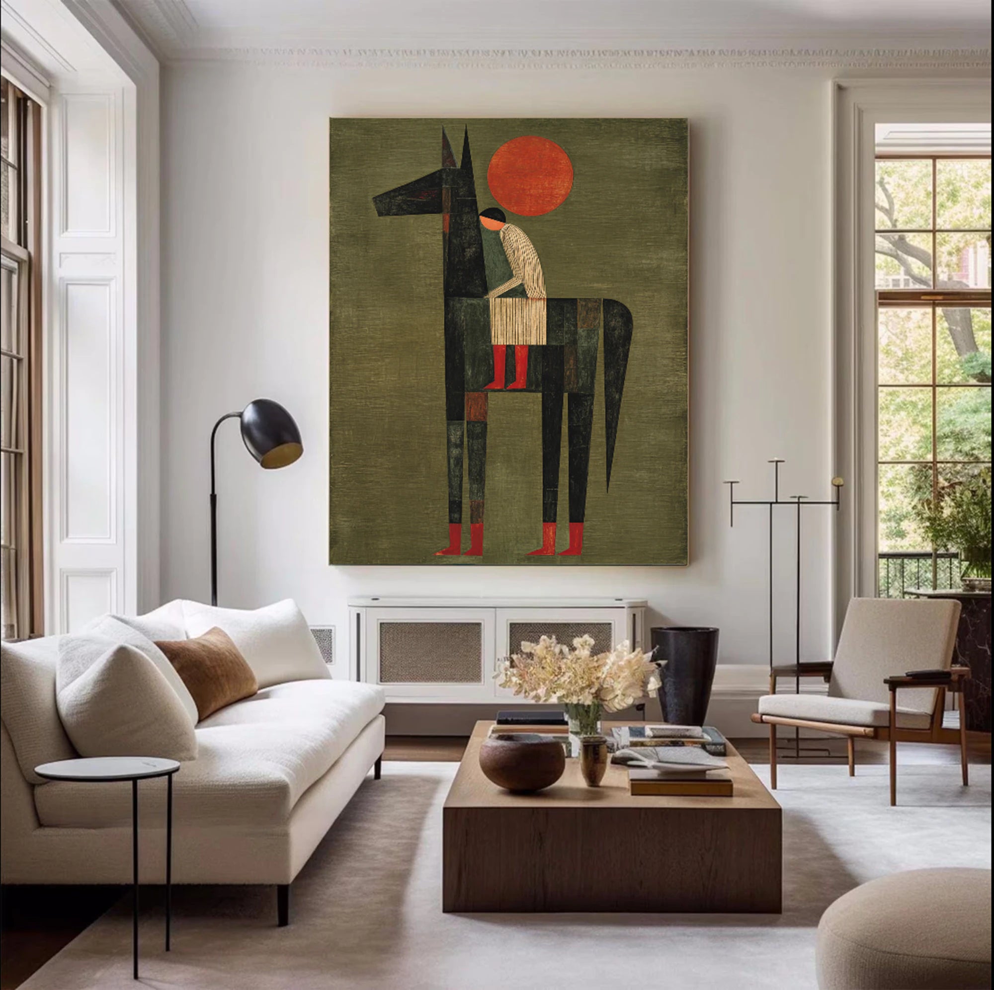 Abstract Horse Rider Oil Painting, Green & Red Wall Art #WA524