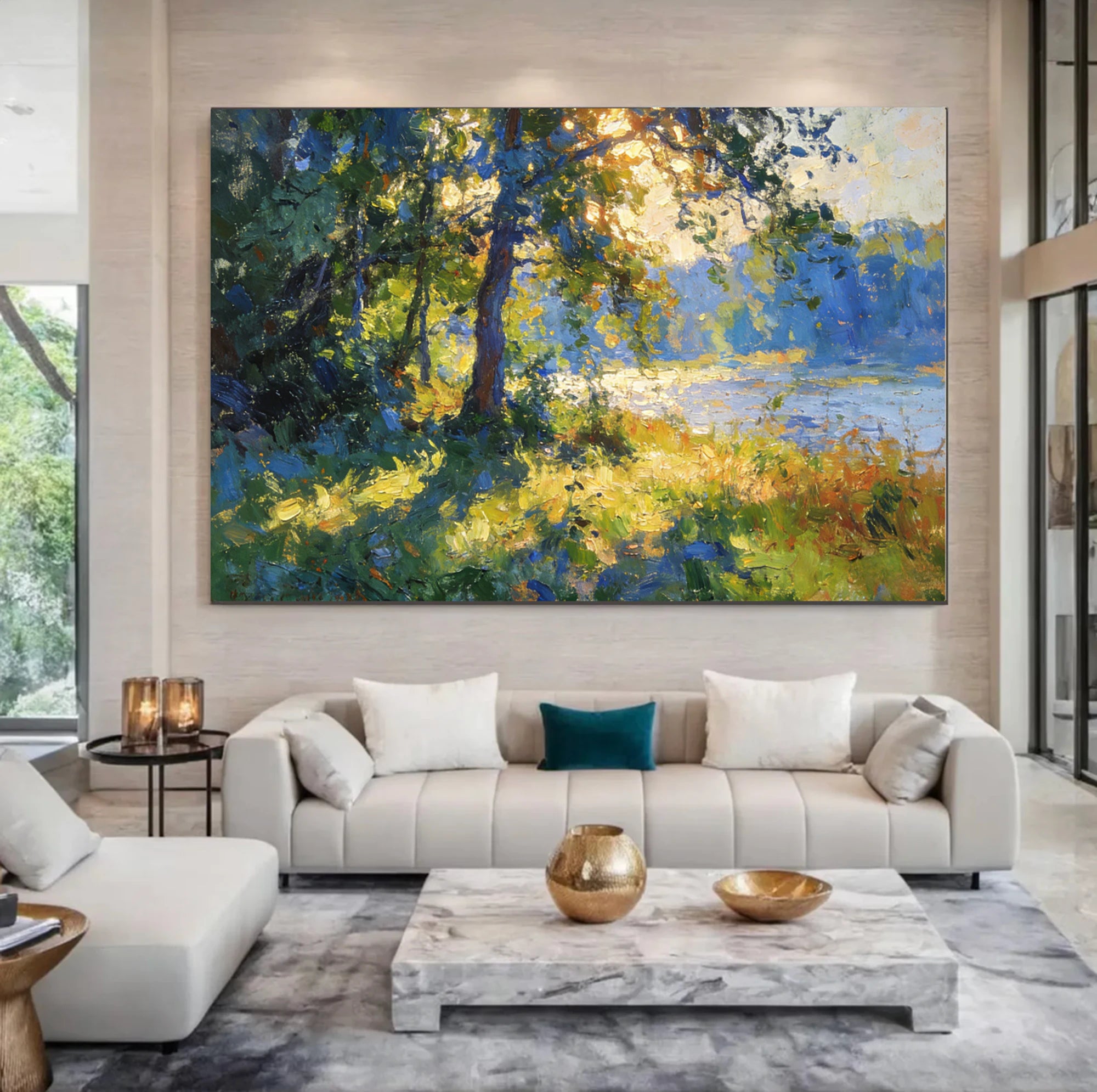 Sunlit Forest Lake Impressionist Oil Painting #FT595