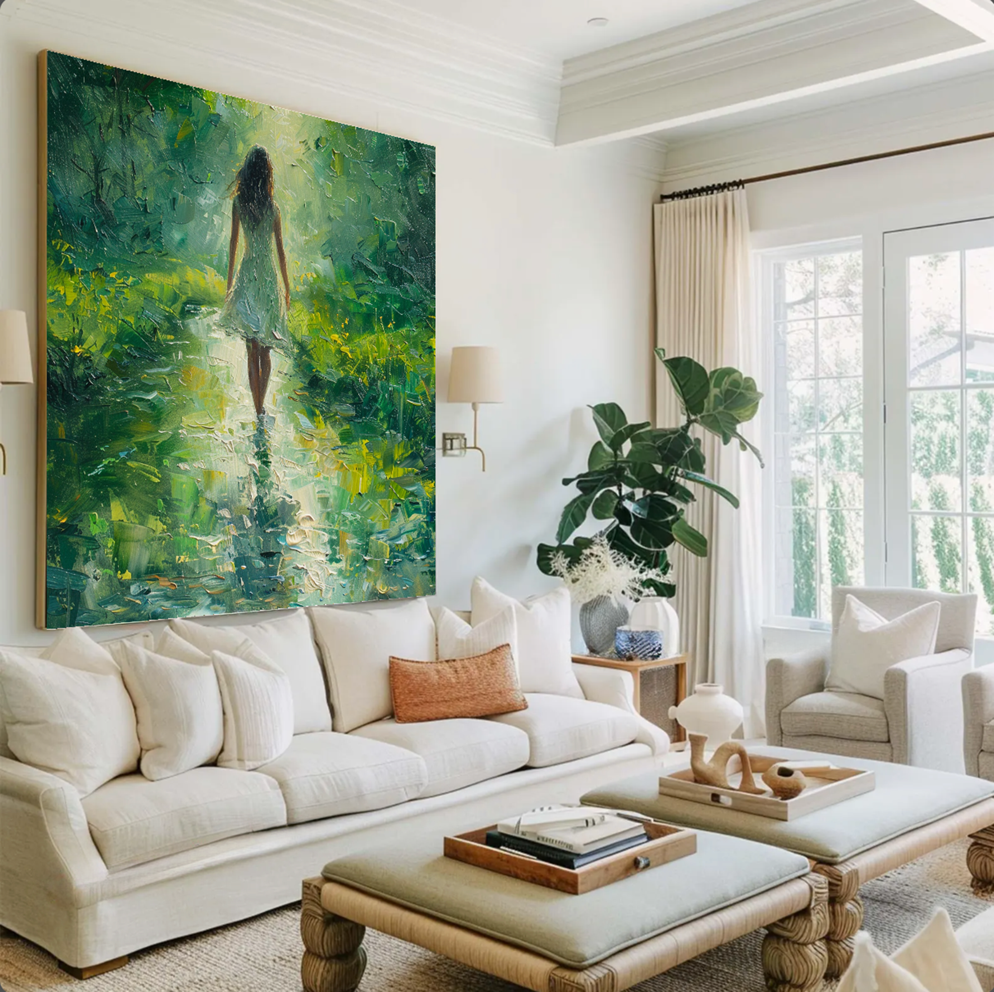 Impressionist Woman in Sunlit Forest Path Hand-Painted Oil Painting #FT346