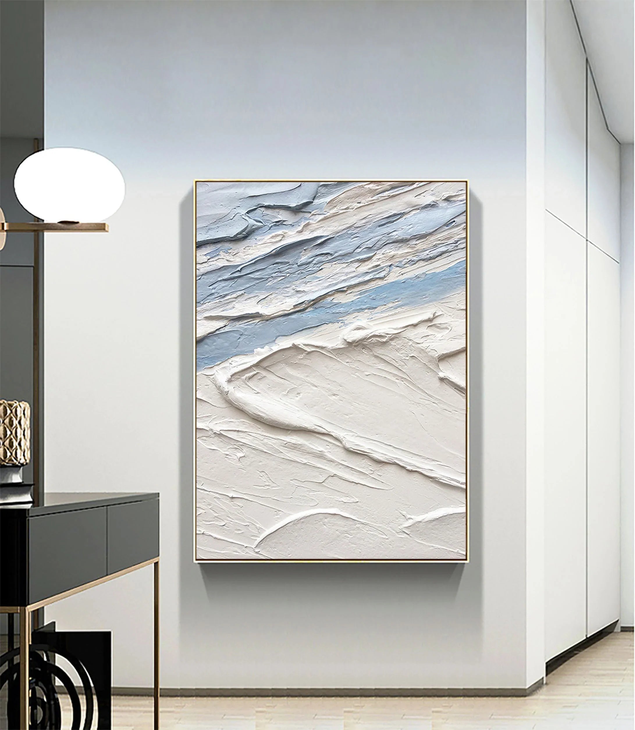 Blue White Textured Sea Slaps Plaster Art Minimalist Painting Wall Decor