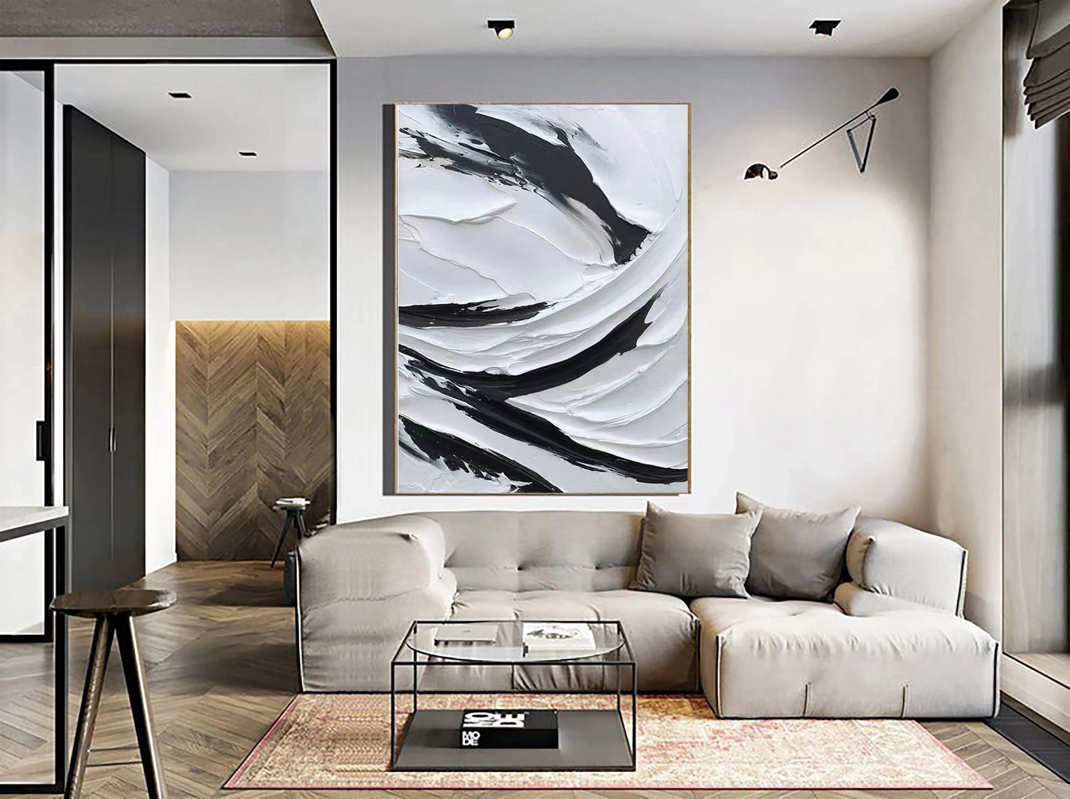 Black and White Plaster Art Textured Painting on Canvas Wall Decor