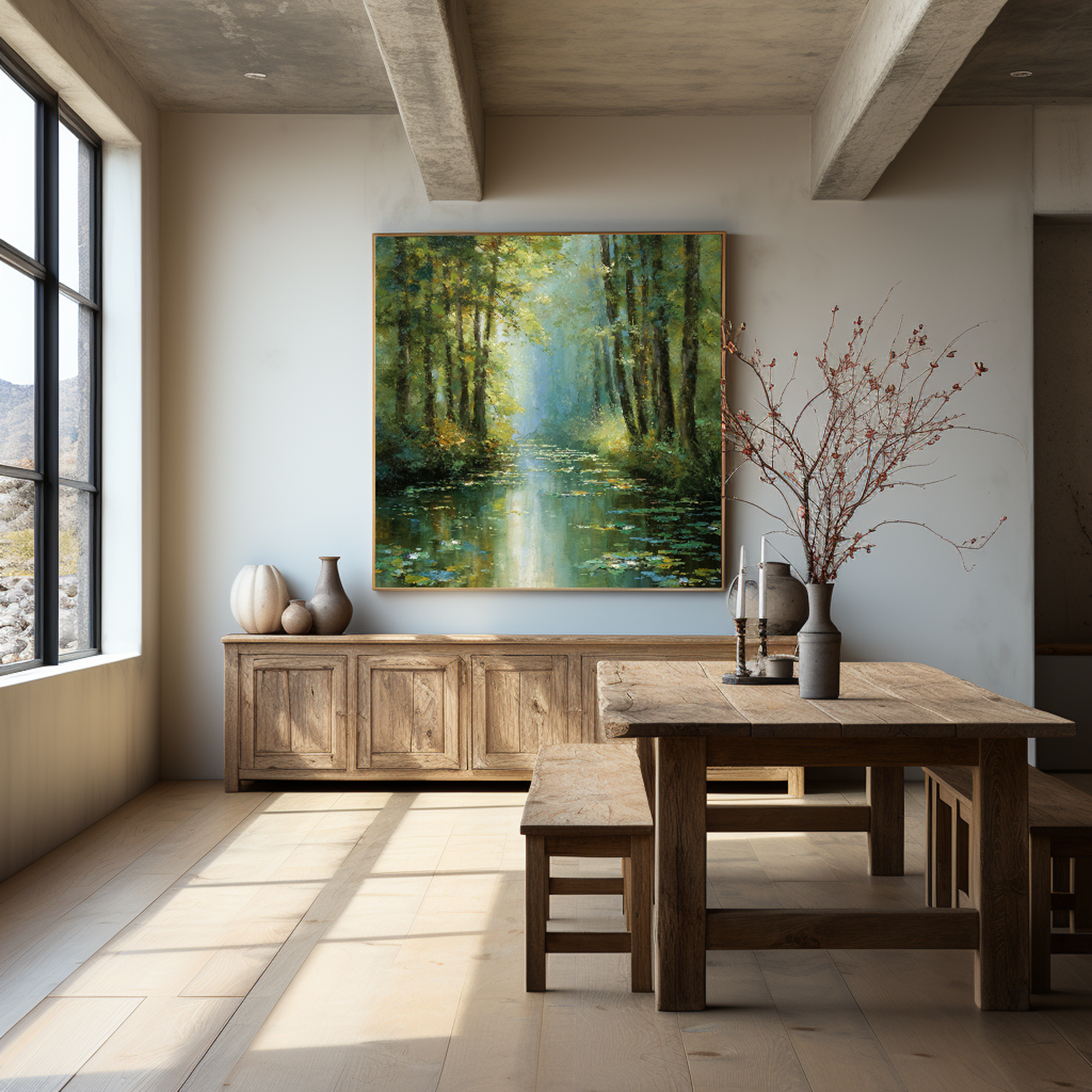 Impressionist Woodland River Landscape Wall Art #FT327