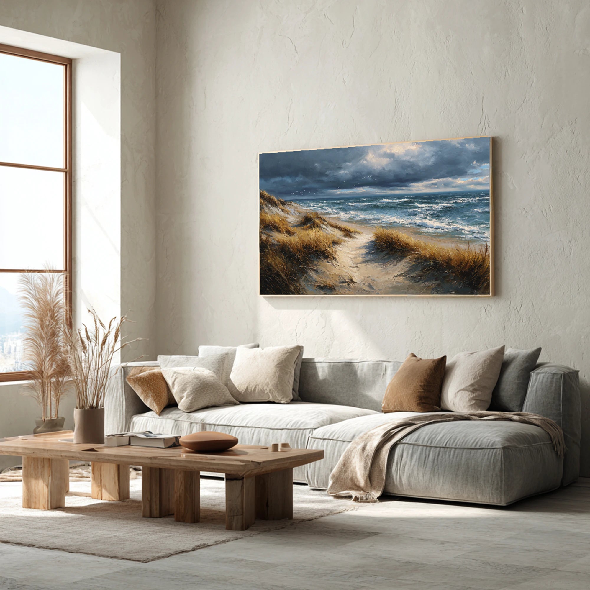 Stormy Beach Dunes Oil Painting Neutral Seascape Canvas #SK590