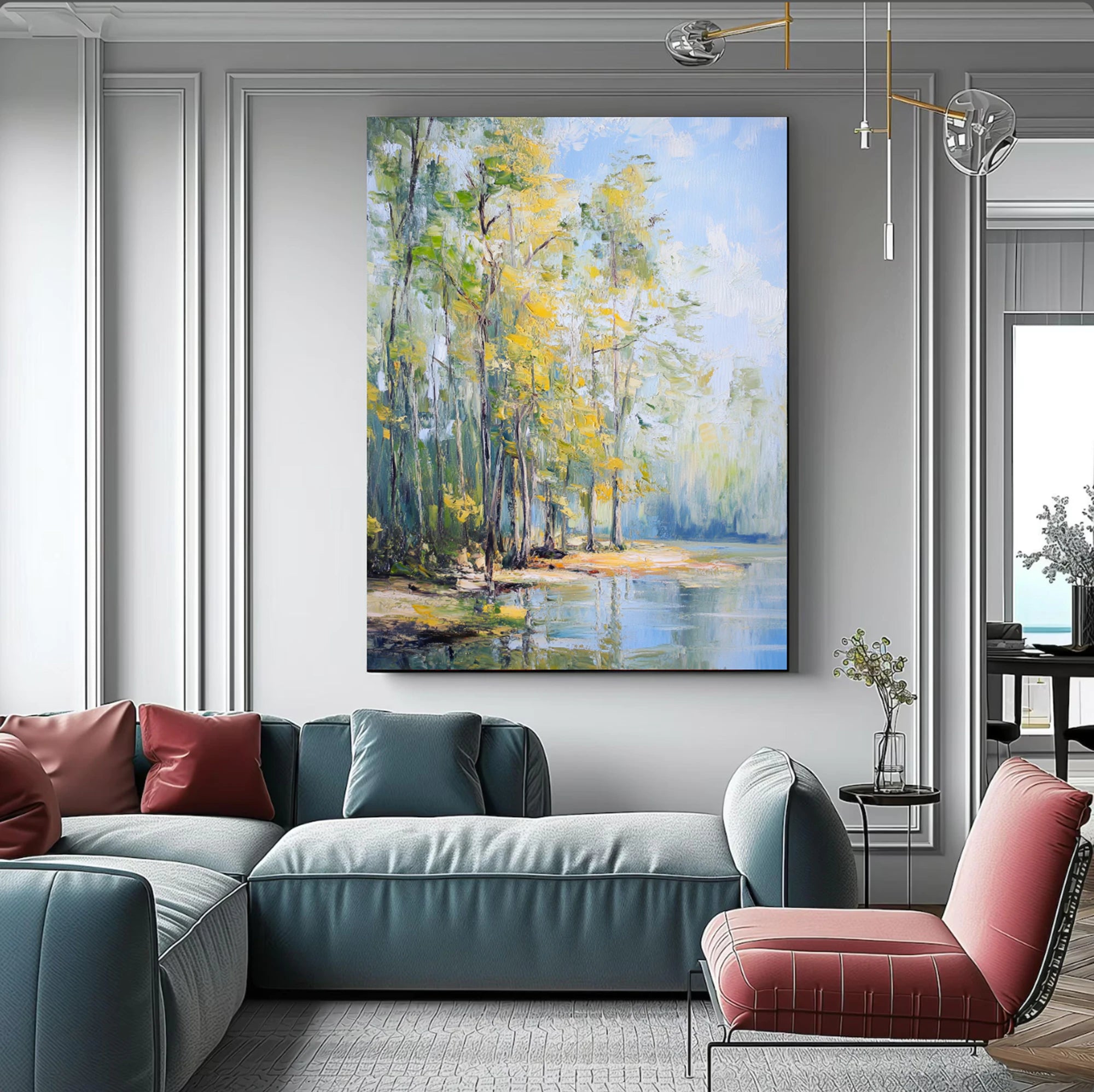 Abstract Lake Forest Landscape Oil Painting, Hand-Painted Wall Art #FJ676