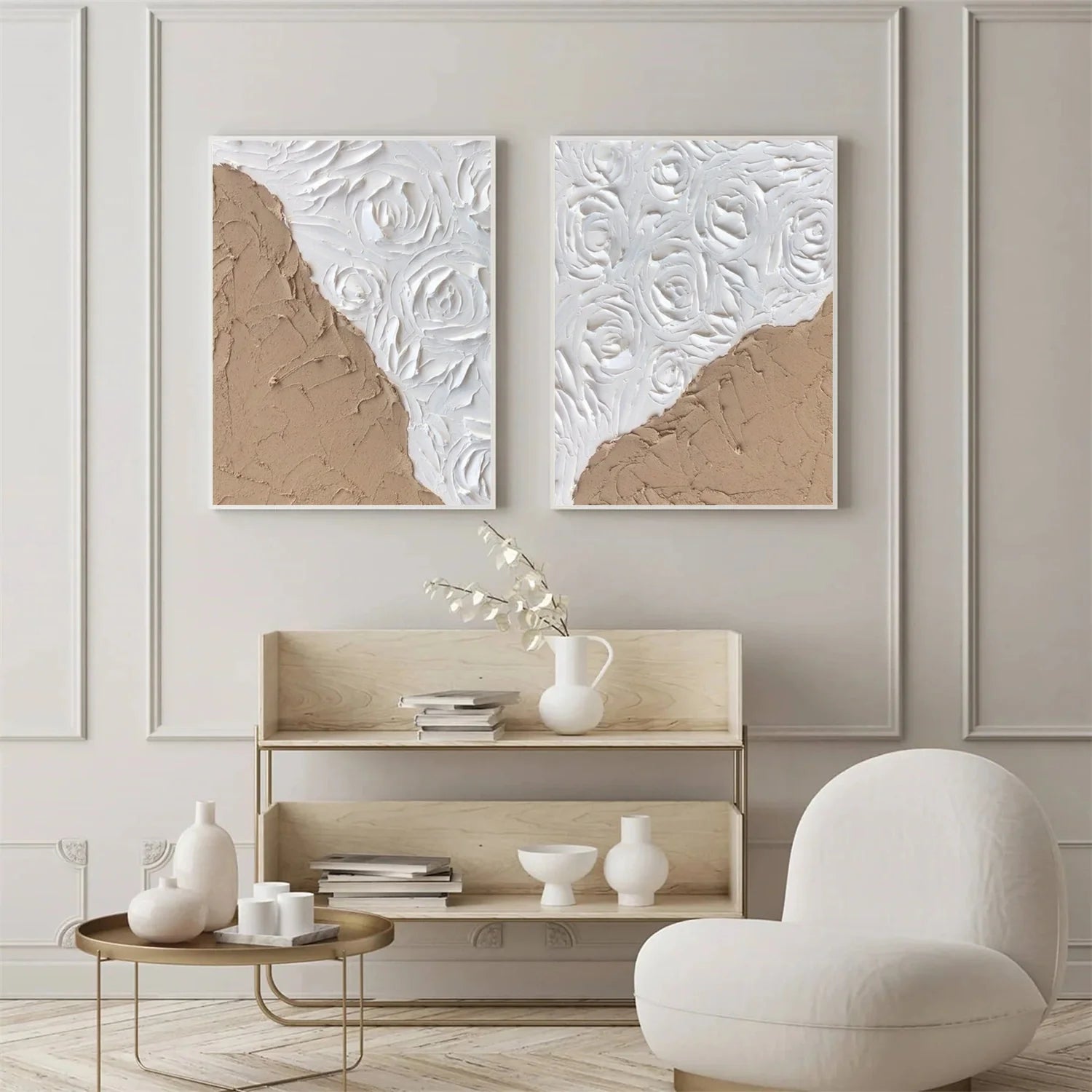 White and Brown Minimalist Textured Art Set of 2 #MD236