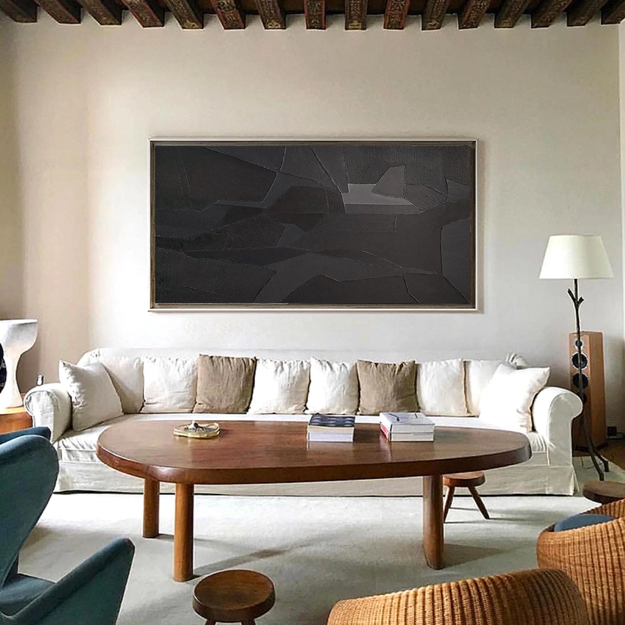 Black Geometric Minimalist Painting On Canvas Handcrafted Abstract Wall Art