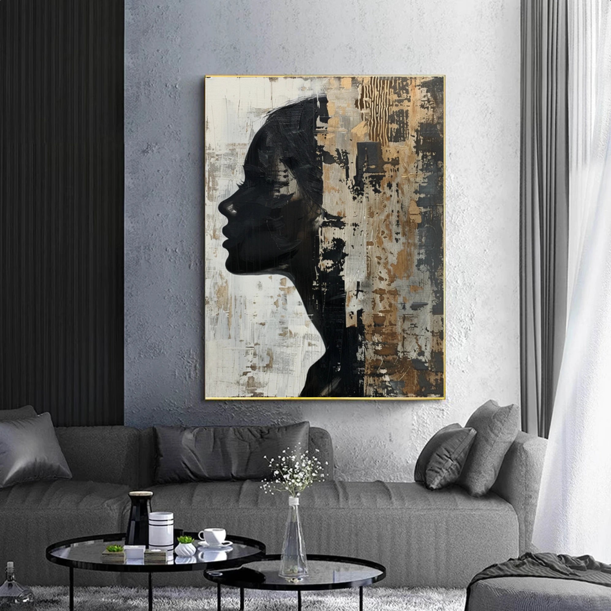 Hand-Painted Abstract Woman Silhouette Oil Painting, Black & Gold Textured Wall Art #WA513