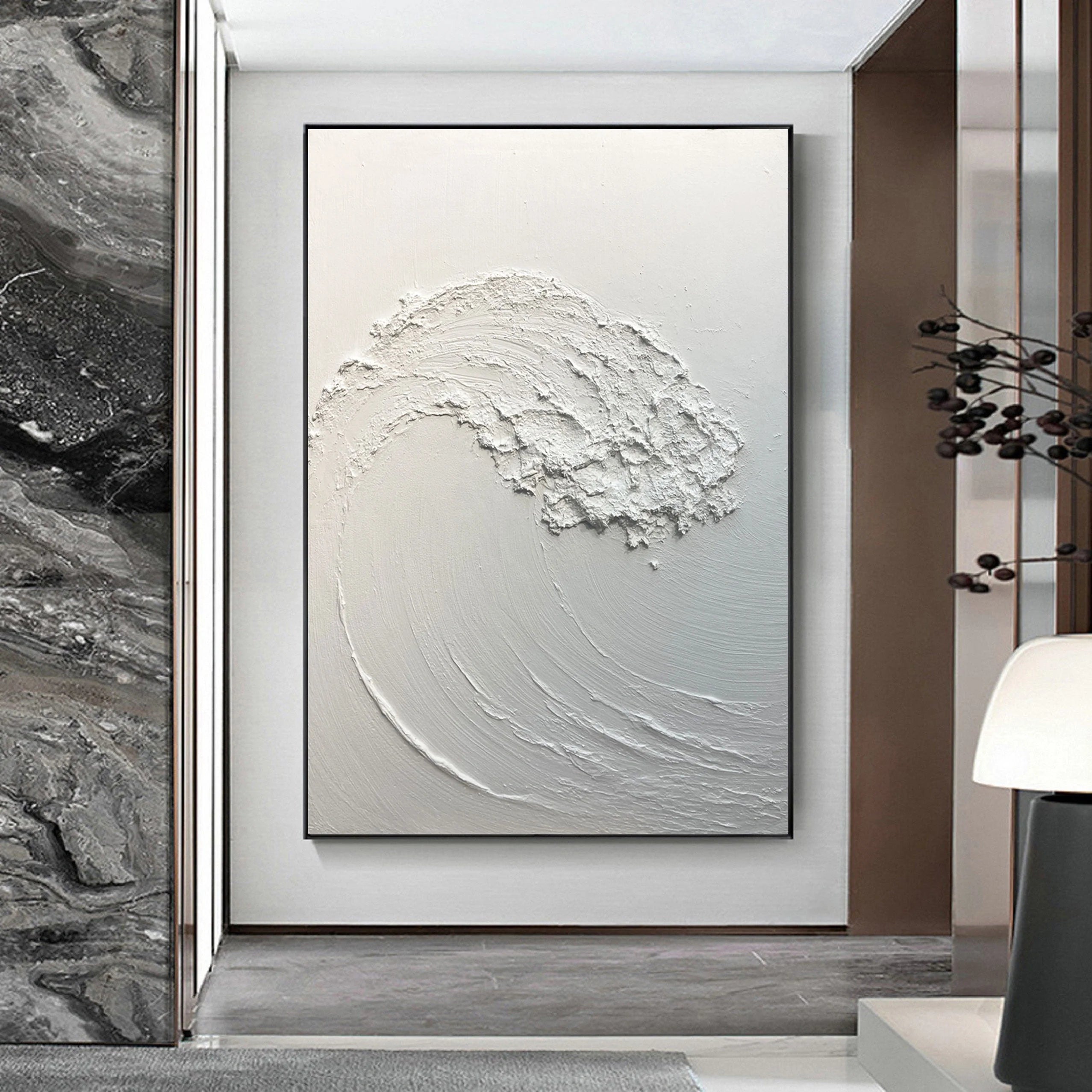 White Sea Waves Minimalist Textured Plaster Painting for Home Decor