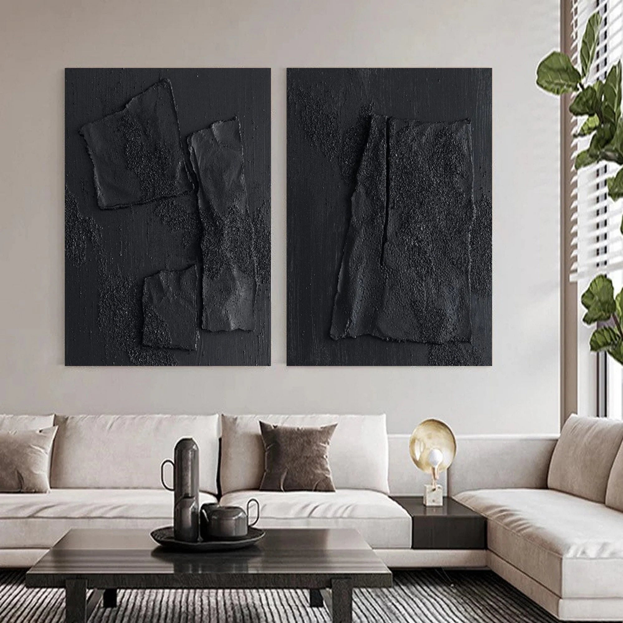 Set of 2 Total Black 3D Textured Minimalist Painting on Canvas