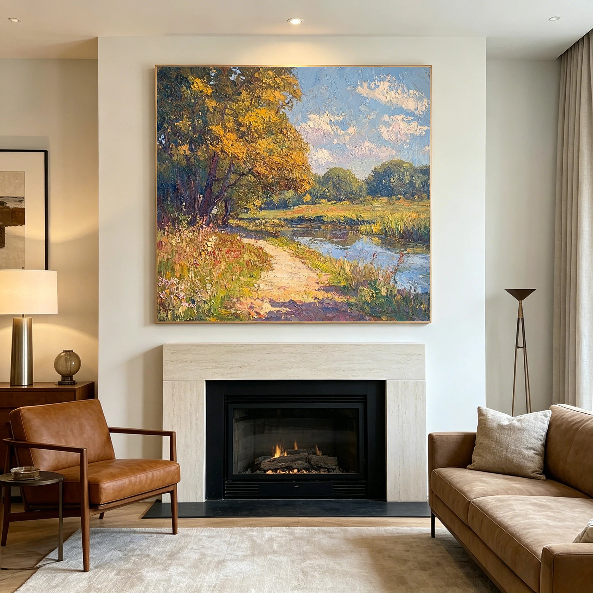Original Hand-Painted Autumn River Landscape Oil Painting #FT523