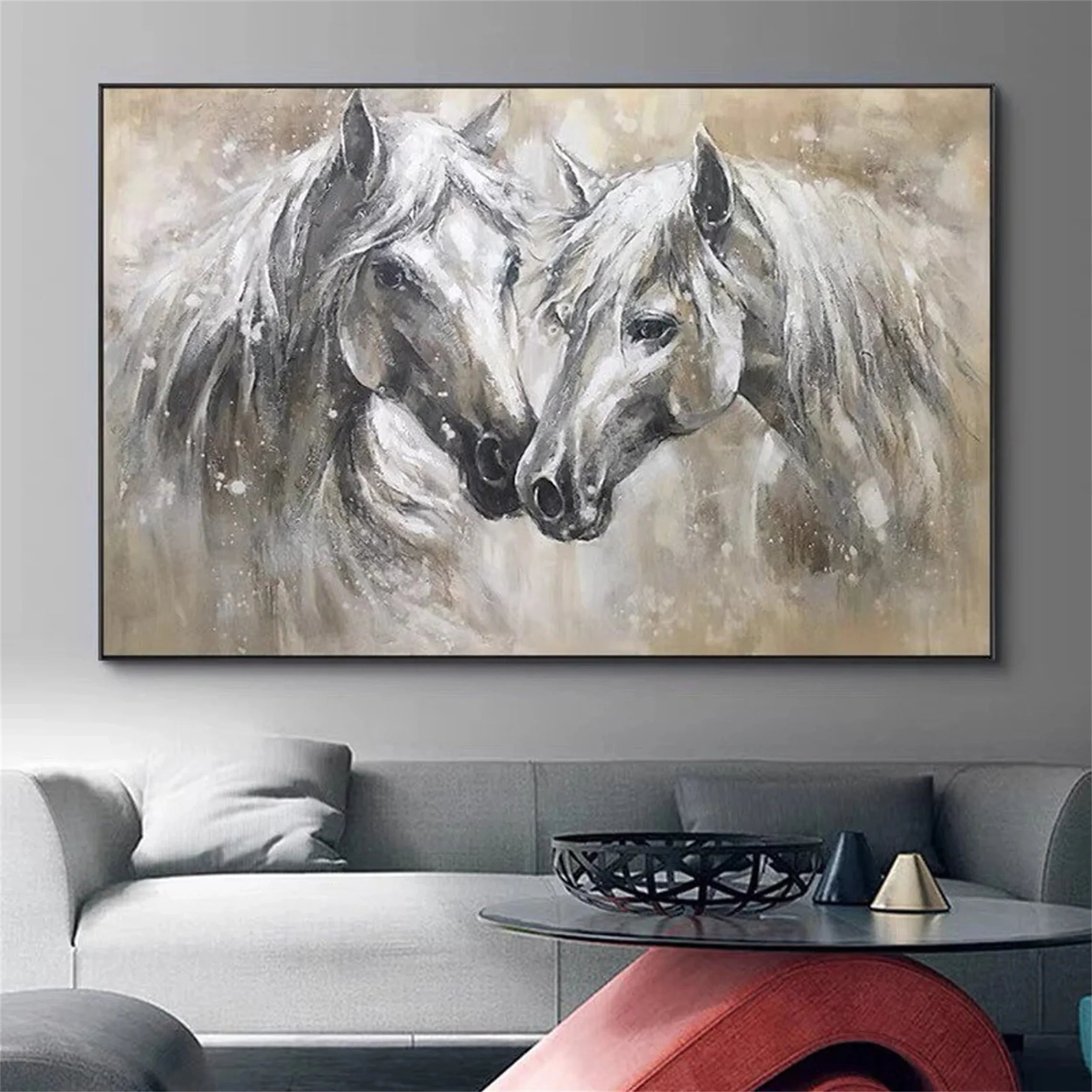 White and Black Horse Abstract Animal Wall Art #AM046