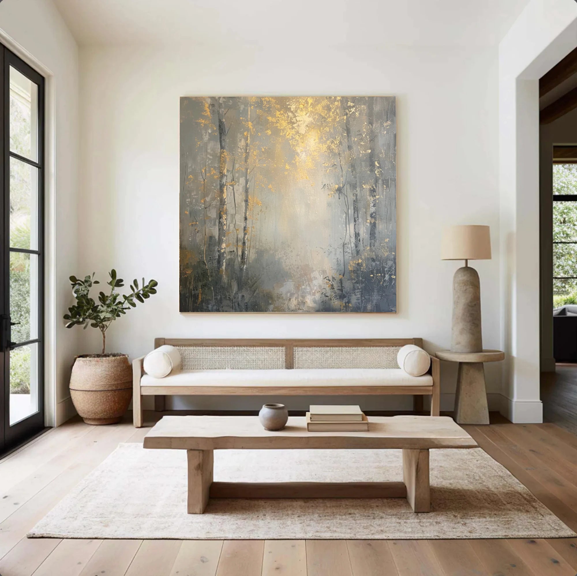 Hand-Painted Gold Grey Forest Oil Painting, Abstract Tree Wall Art #FT520