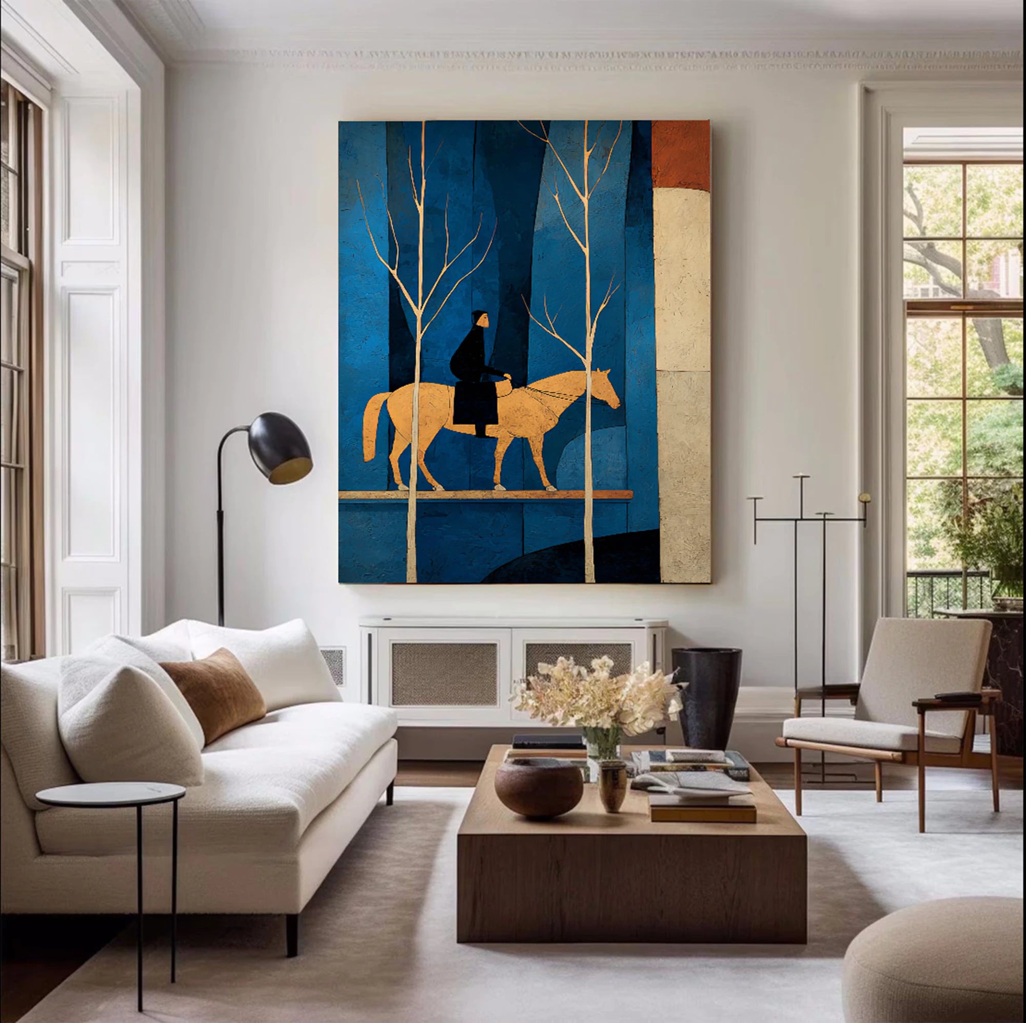 Modern Blue Forest Equestrian Oil Painting #WA521