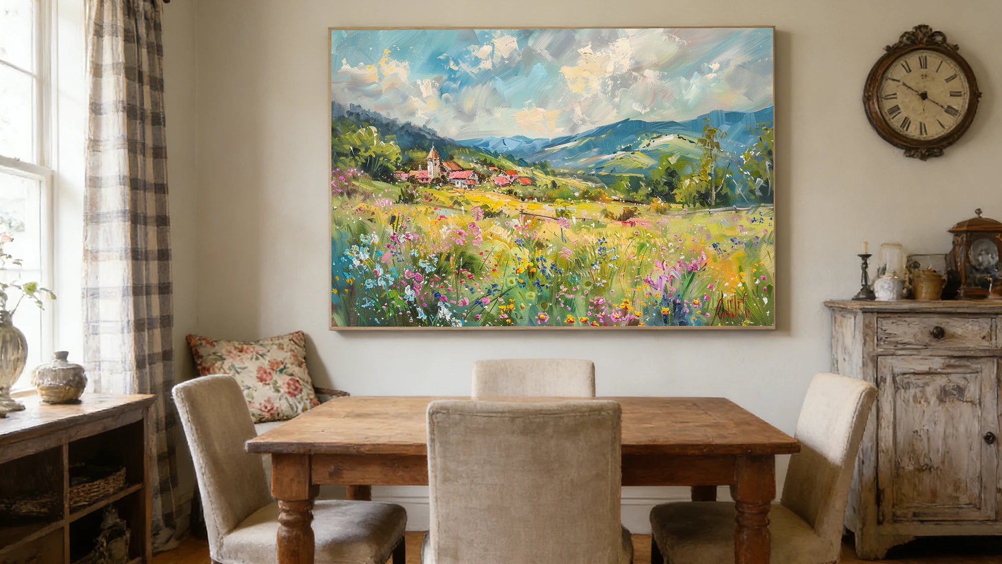 Wildflower Meadow Village Oil Painting #FT589
