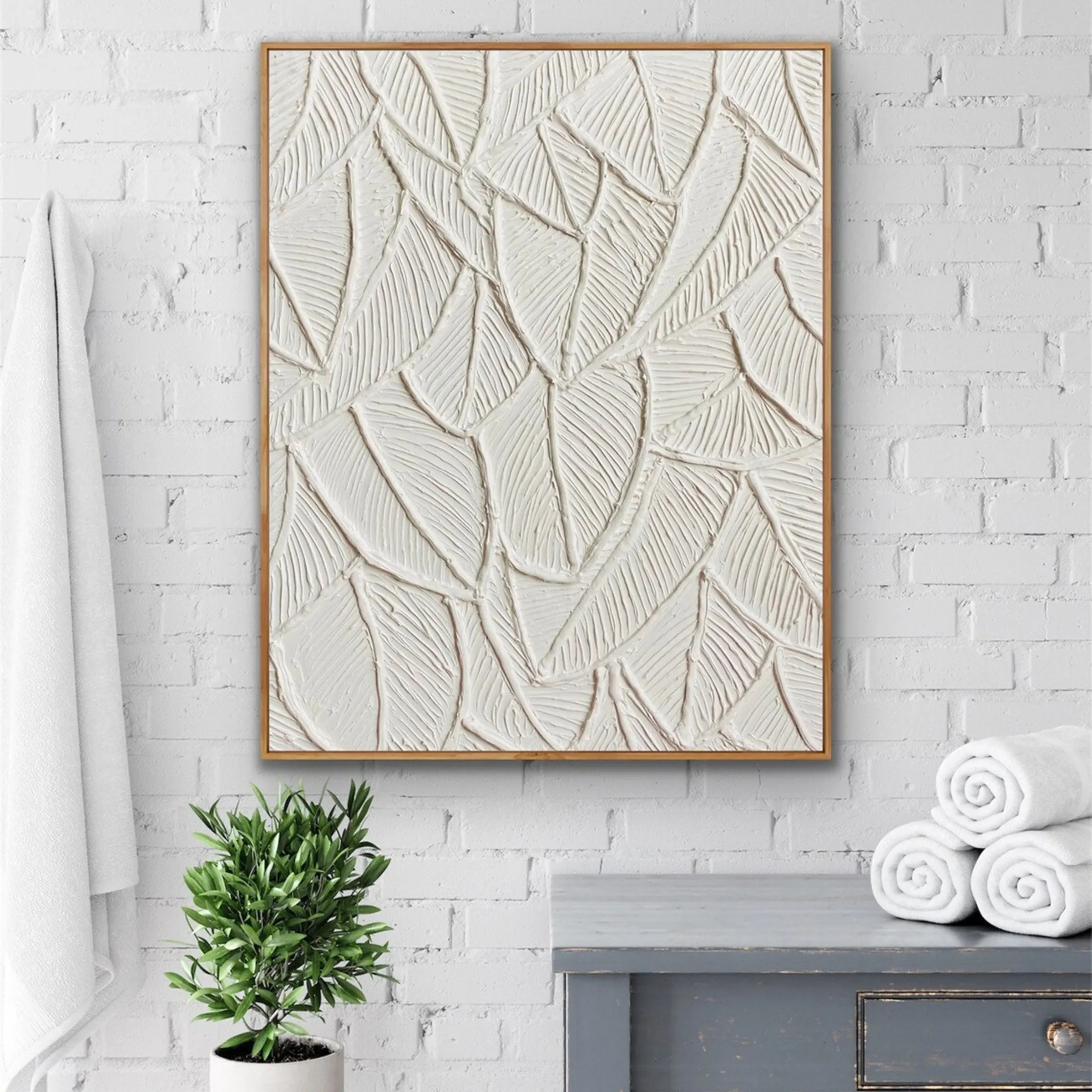White 3D Textured Leaf Abstract Painting #MD150