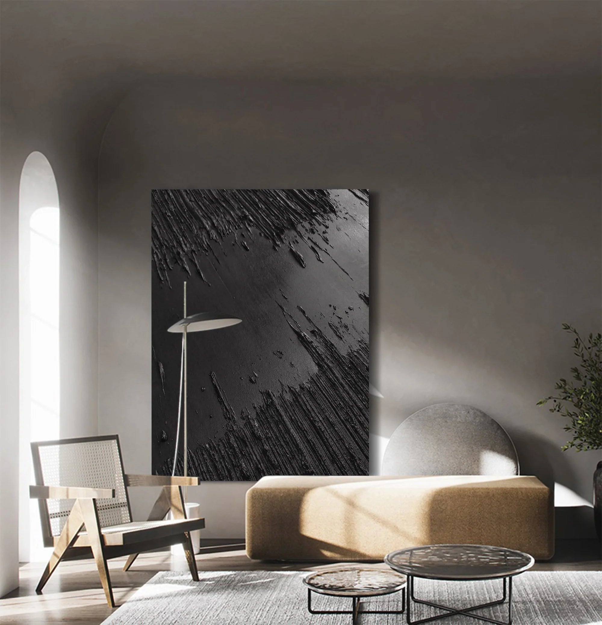 3D Textured Minimalist River Painting Total Black Canvas Wall Decor