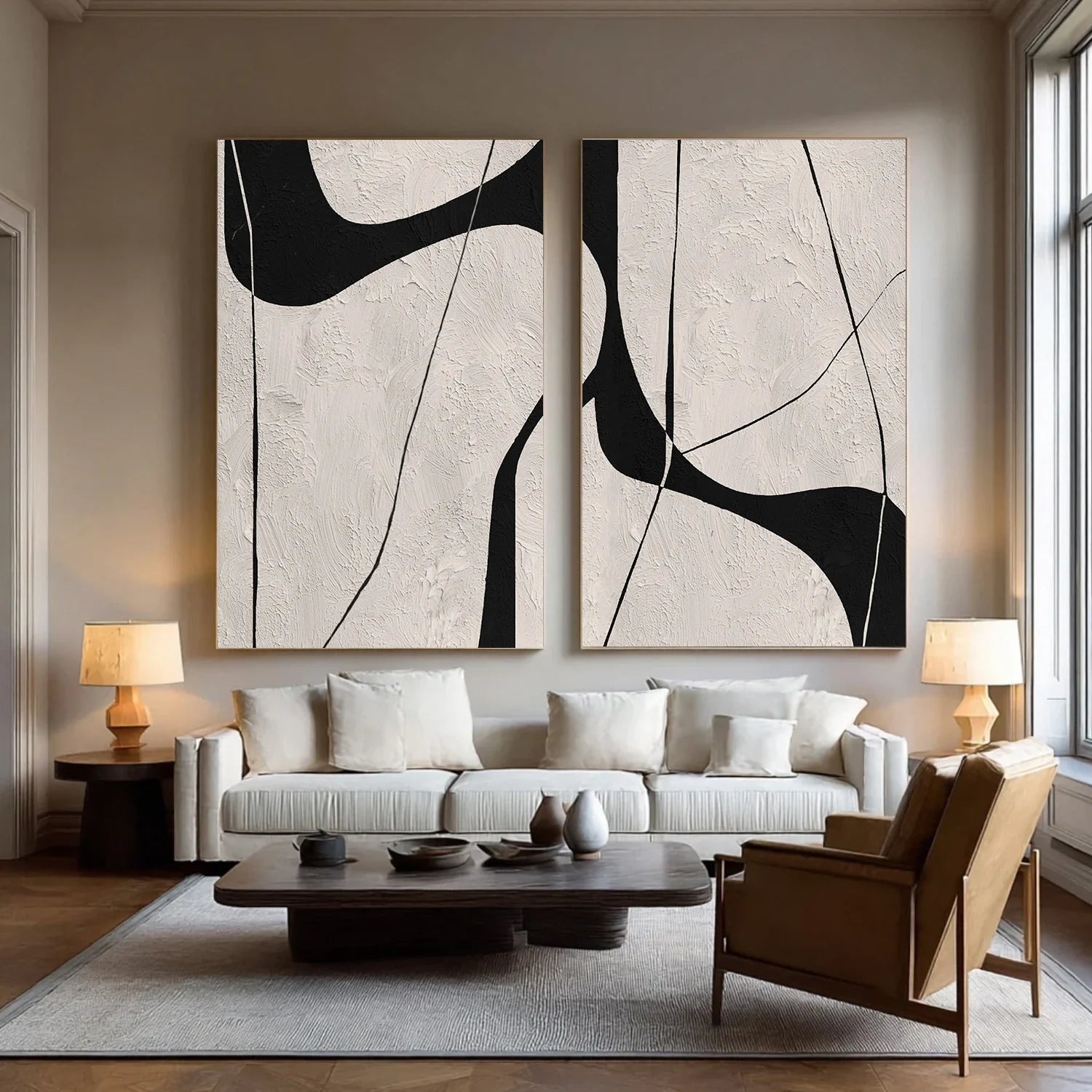 Beige & Black Abstract_Textured Canvas Art Set of 2 #WA781