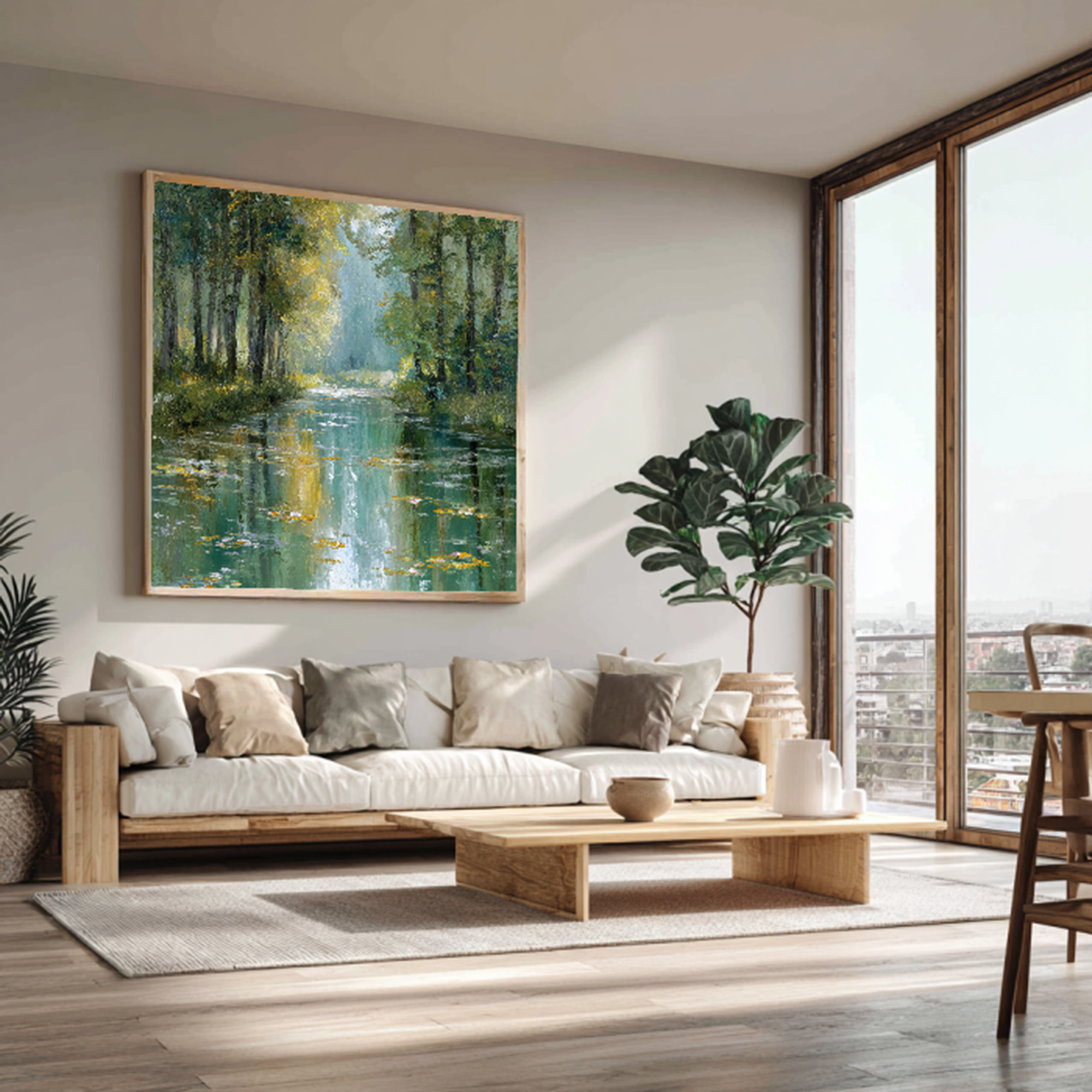 Sunlit Forest Stream Oil Painting with Water Lilies #FT328