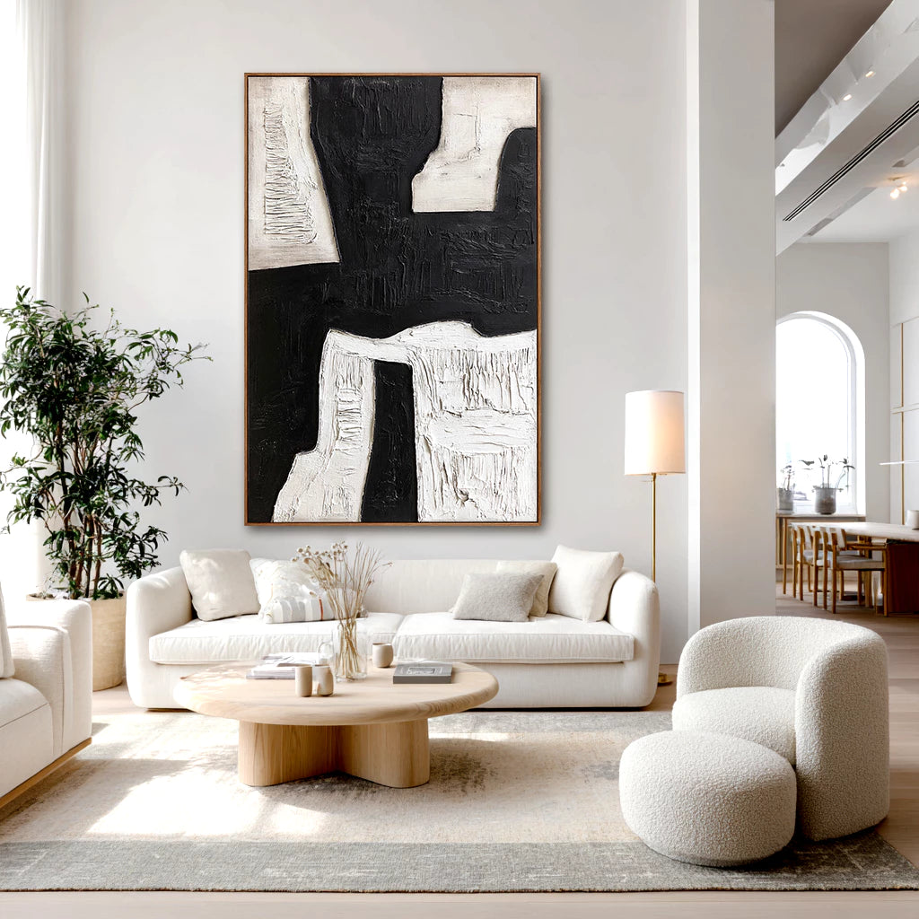 Modern Vertical Black & White Abstract Oil Painting #WA114