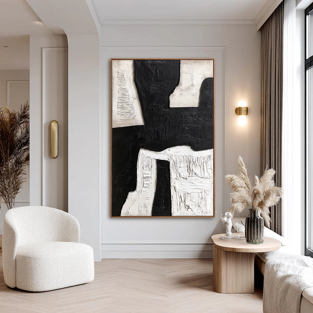 Modern Vertical Black & White Abstract Oil Painting #WA114