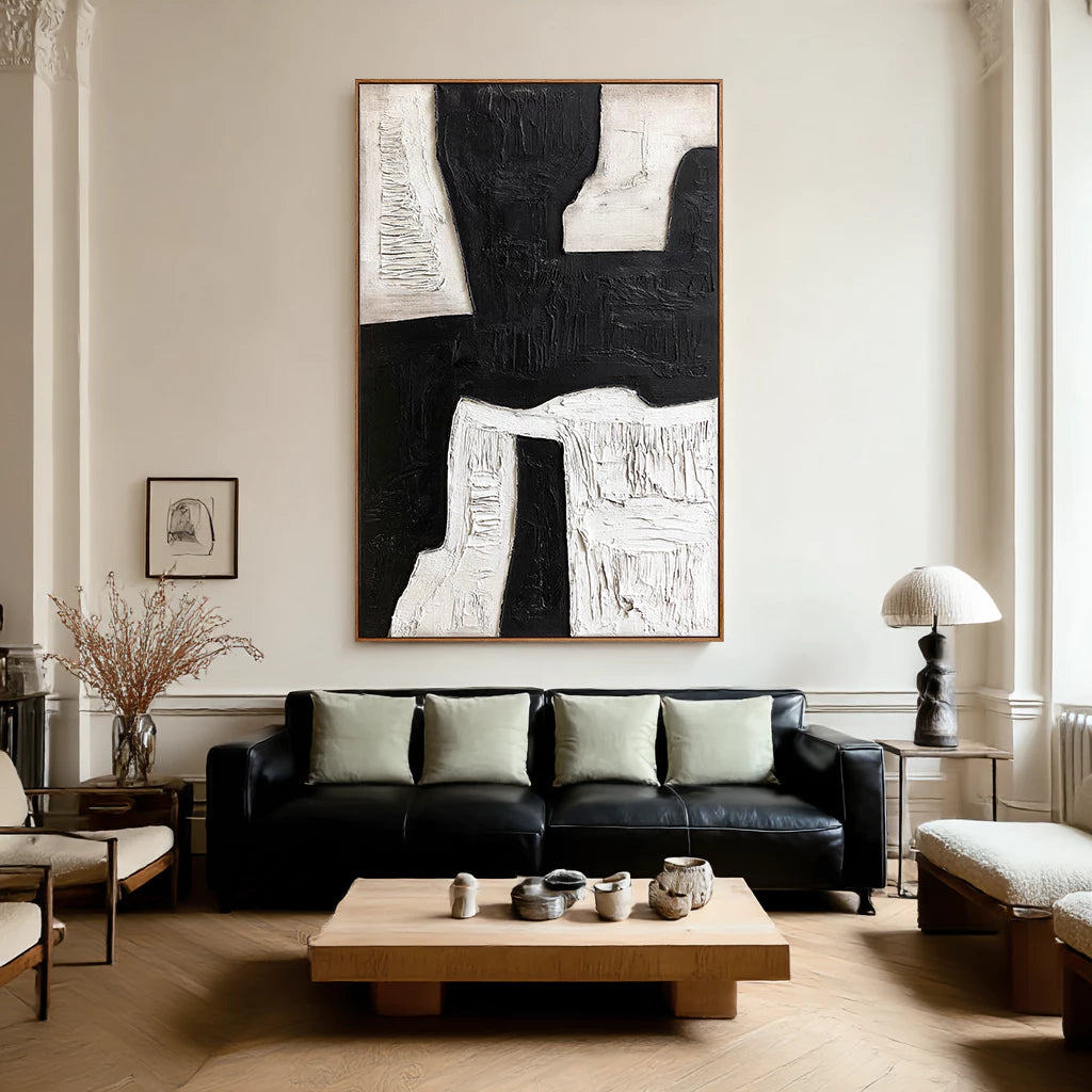 Modern Vertical Black & White Abstract Oil Painting #WA114