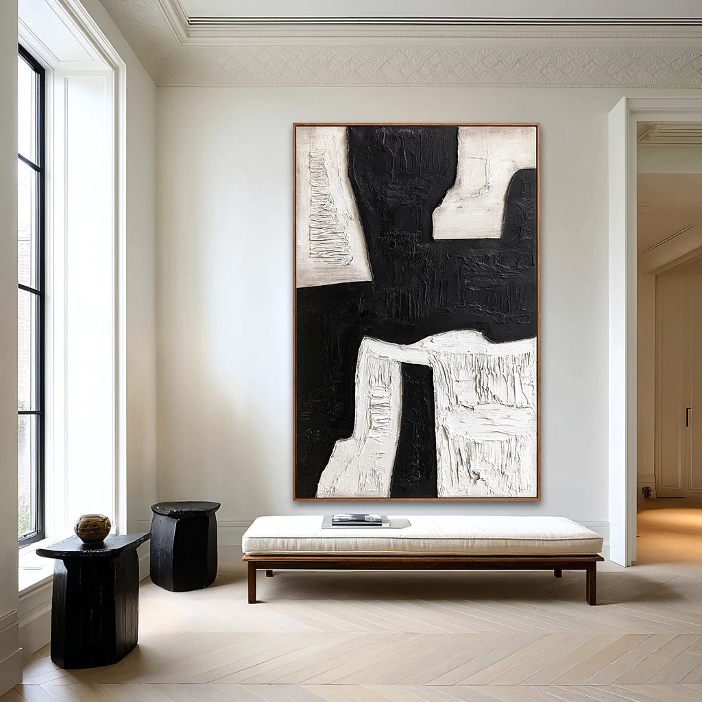 Modern Vertical Black & White Abstract Oil Painting #WA114
